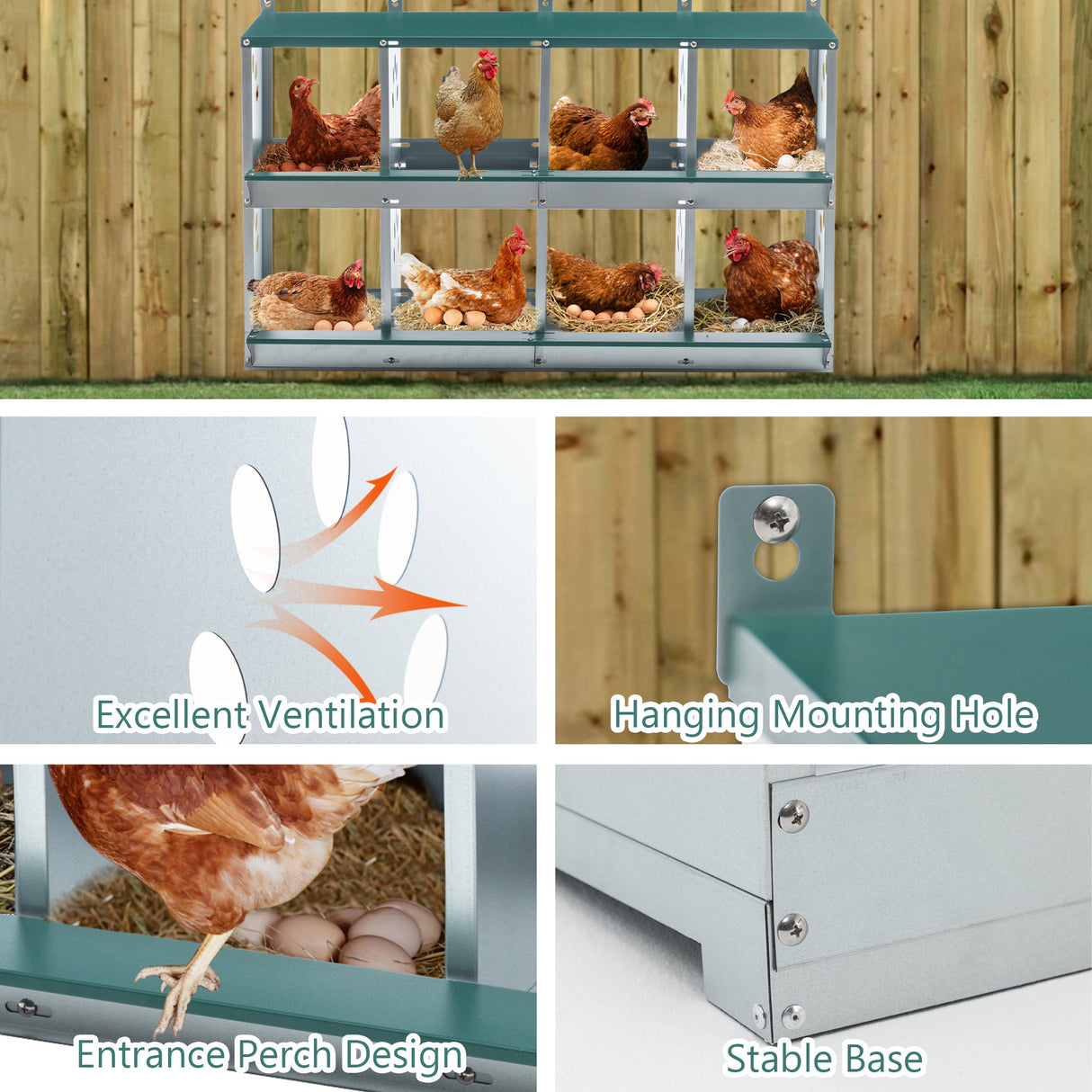 8 Compartment Chicken Nesting Boxes Metal Poultry Wall Mount Large Vented Holes - Fab Heavy Parts
