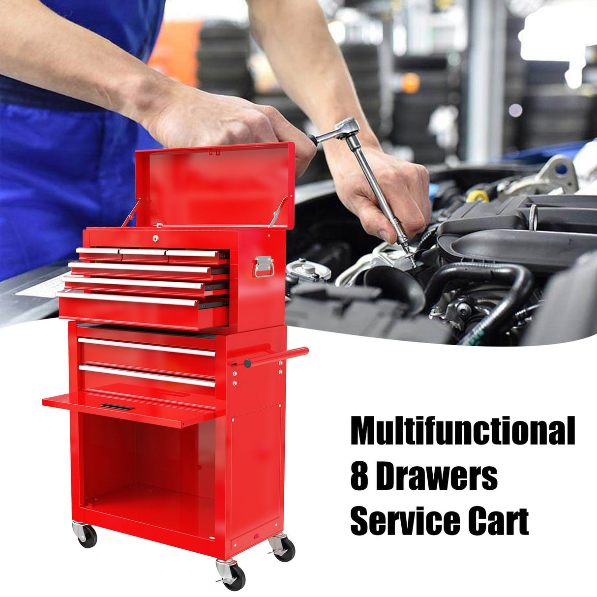 8 - Drawer Tool Storage Cabinet High Capacity Rolling Chest with Wheels and Drawers Red - Fab Heavy Parts