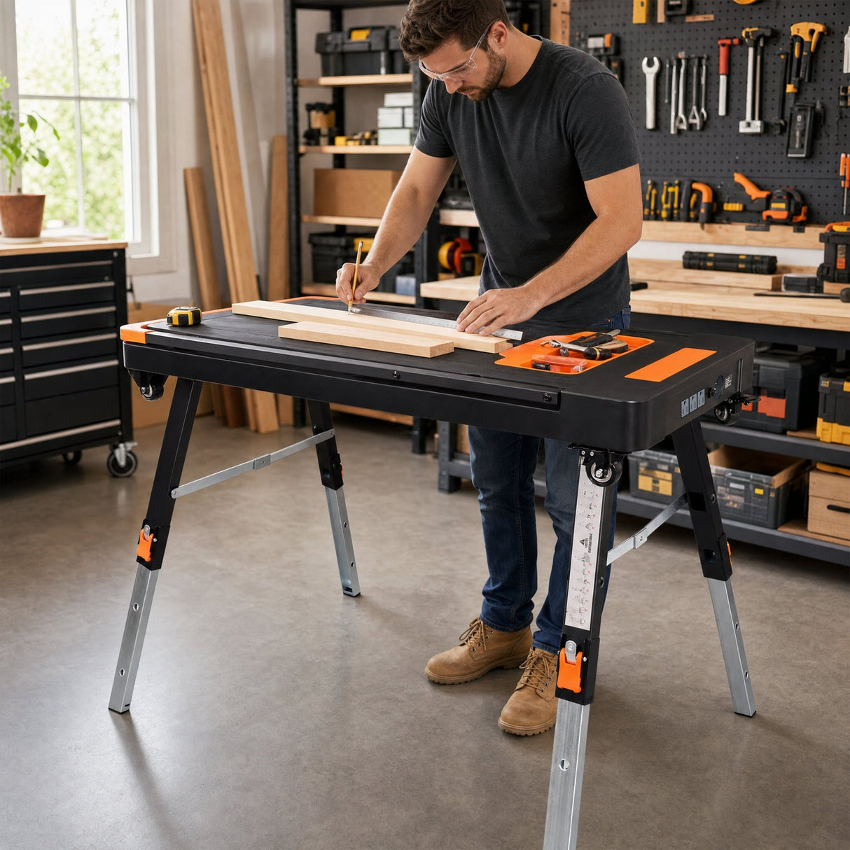 8-in-1 Multifunctional Folding Work Table with US Standard Socket Portable Heavy Duty Workbench with Wheels for Garage Workshop Home Use - Fab Heavy Parts