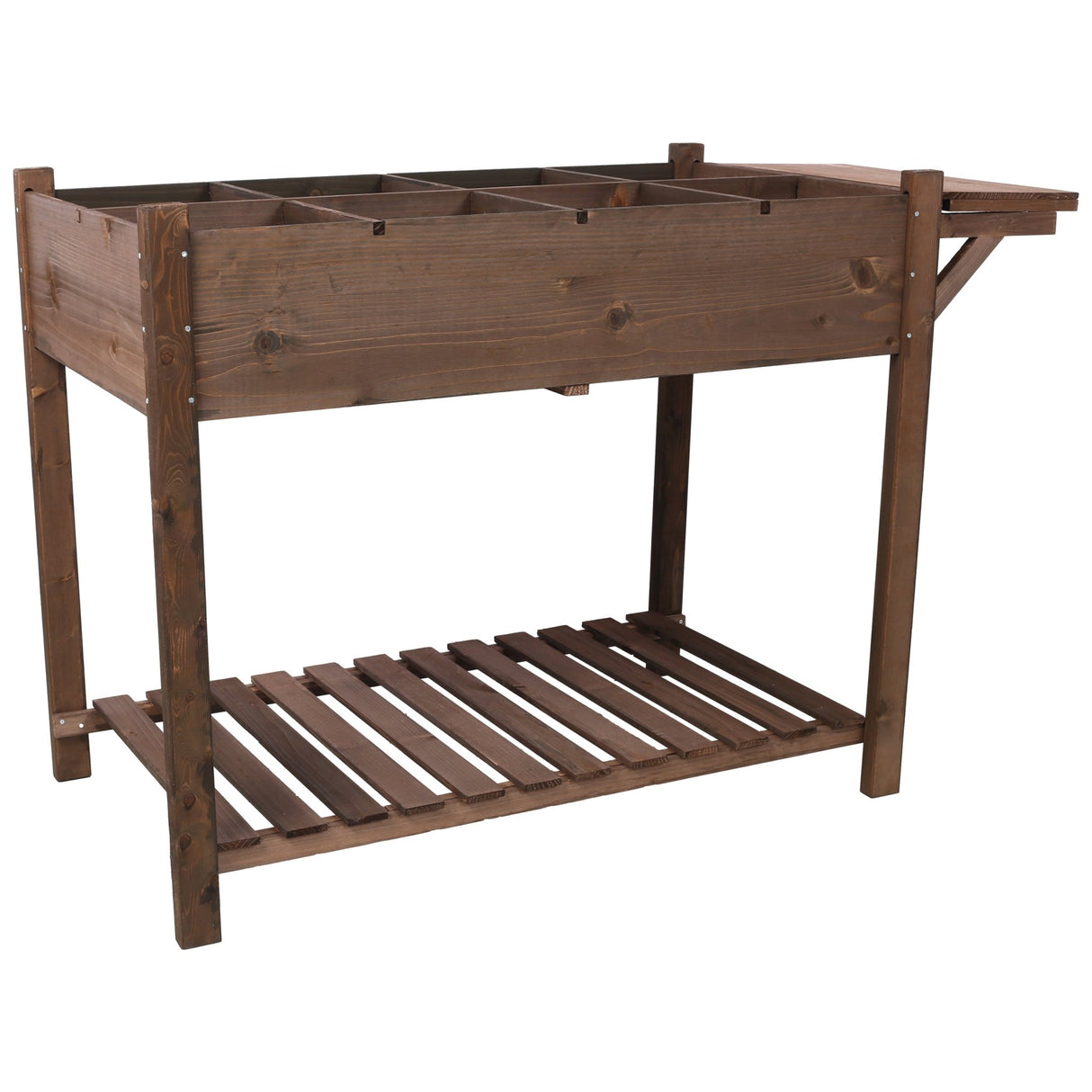 8 Pockets Horticulture Raised Garden Bed Elevated Wood Planter Box Stand with Foldable Side Table and Storage Shelf for Herb/Vegetables/Flowers - Dark Brown Color - Fab Heavy Parts