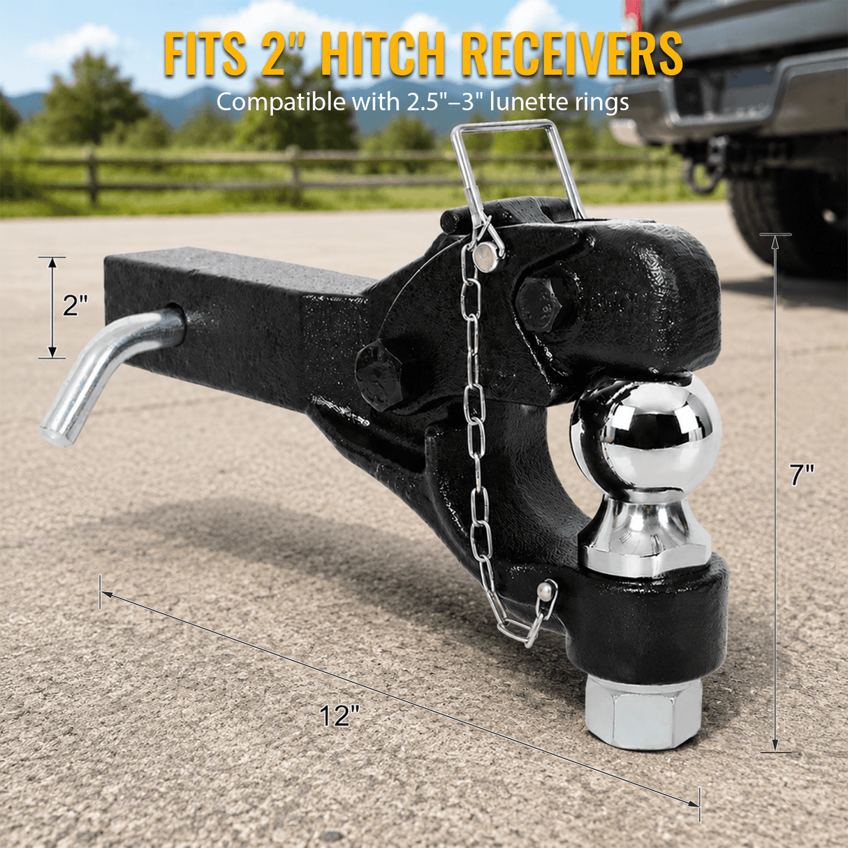 8 Ton 16000 LBS Pintle Hook 2 Inch Pintle Hitch Receiver with 2 Inch Trailer Bal Fits 2.5 to 3-inch Lunette Ring for Trailers - Fab Heavy Parts