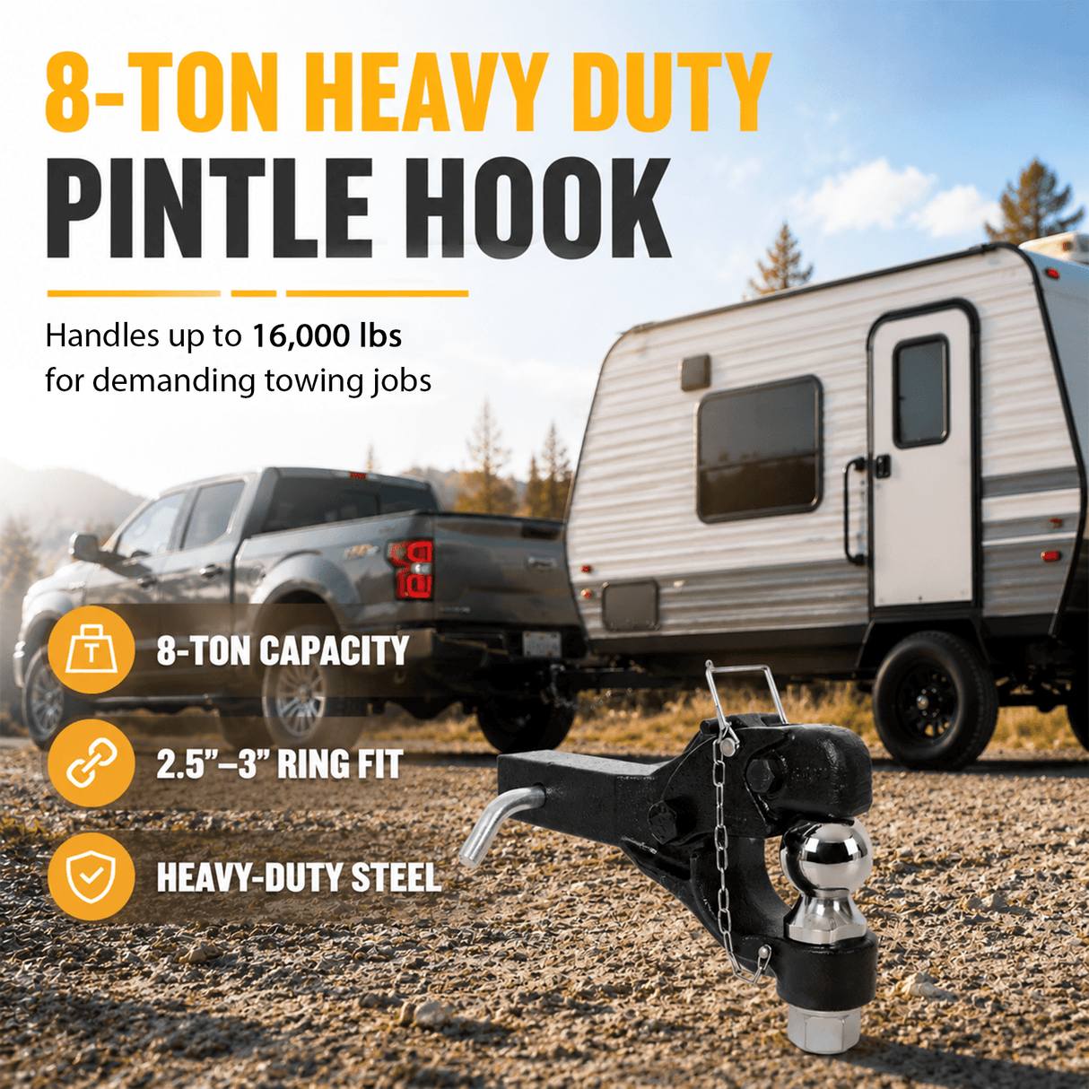 8 Ton 16000 LBS Pintle Hook 2 Inch Pintle Hitch Receiver with 2 Inch Trailer Bal Fits 2.5 to 3-inch Lunette Ring for Trailers - Fab Heavy Parts