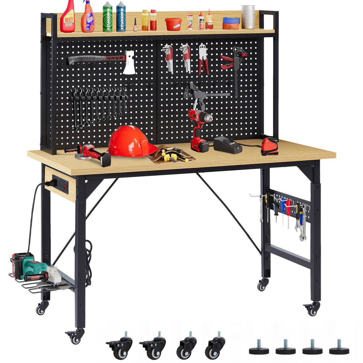 48'' Adjustable Wooden Workbench with Pegboard and Wheels with AC/USB Outlet Hooks Shelf Heavy Duty 1600 lb. Capacity