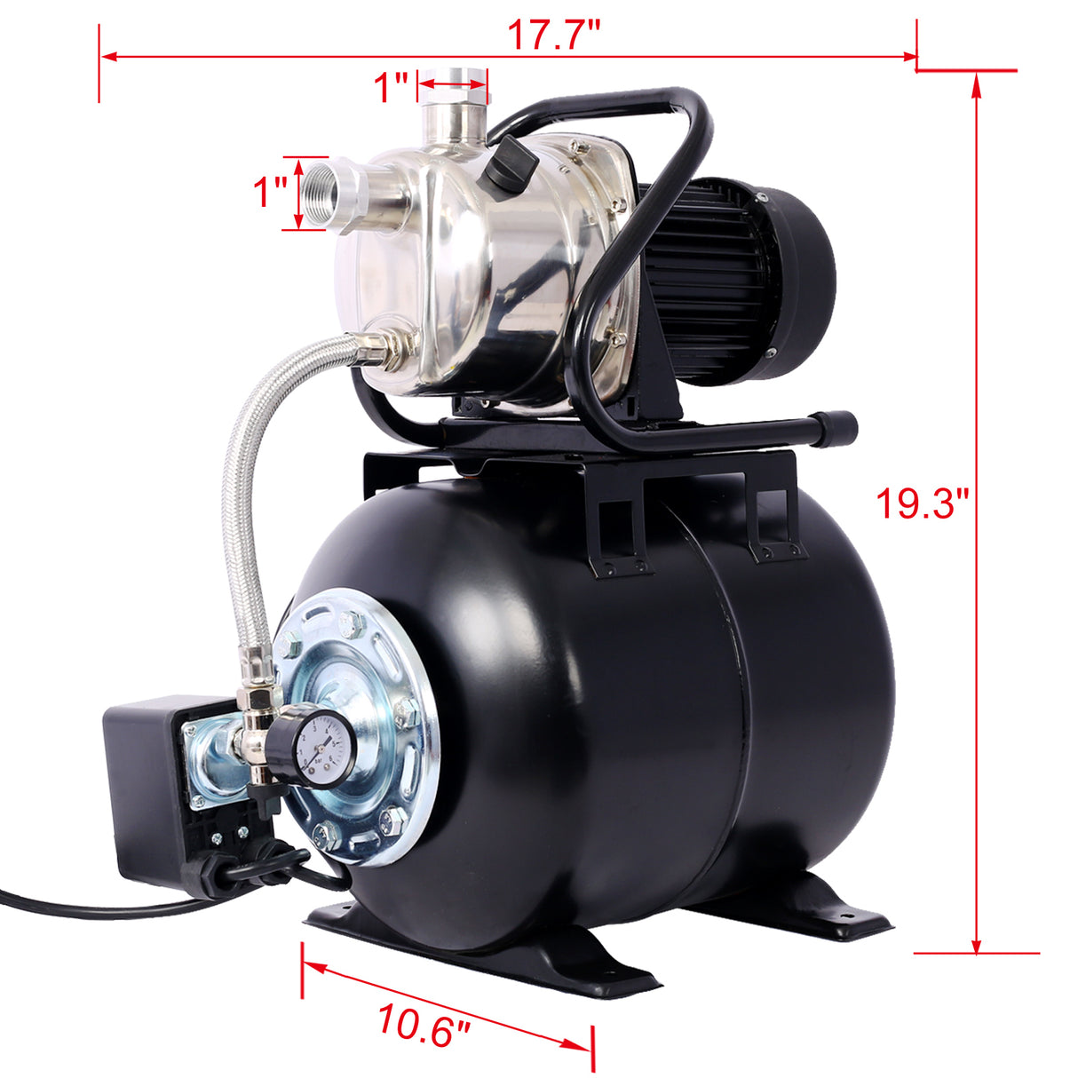 1.6HP Shallow Well Pump with Pressure Tank Garden Water Pump Irrigation Pump Automatic Stainless Steel Head