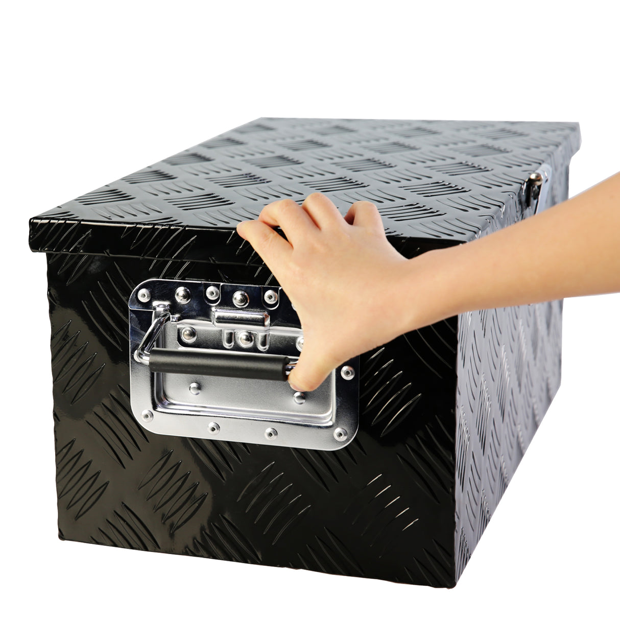 Caja de herramientas plana y larga de aluminio negro para camión de 20 pulgadas, con banda de rodadura de 5 barras, cerradura, manija lateral y llaves 20.1"×11.8"×9.3"