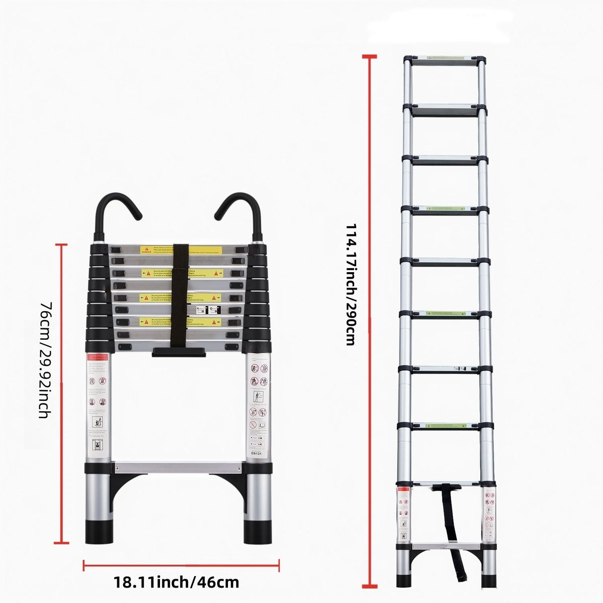 9.5 Foot Aluminum Button Telescopic Ladder with 2 Triangular Stabilizers and Hooks Multi - Purpose Max. 330 Pounds - Fab Heavy Parts
