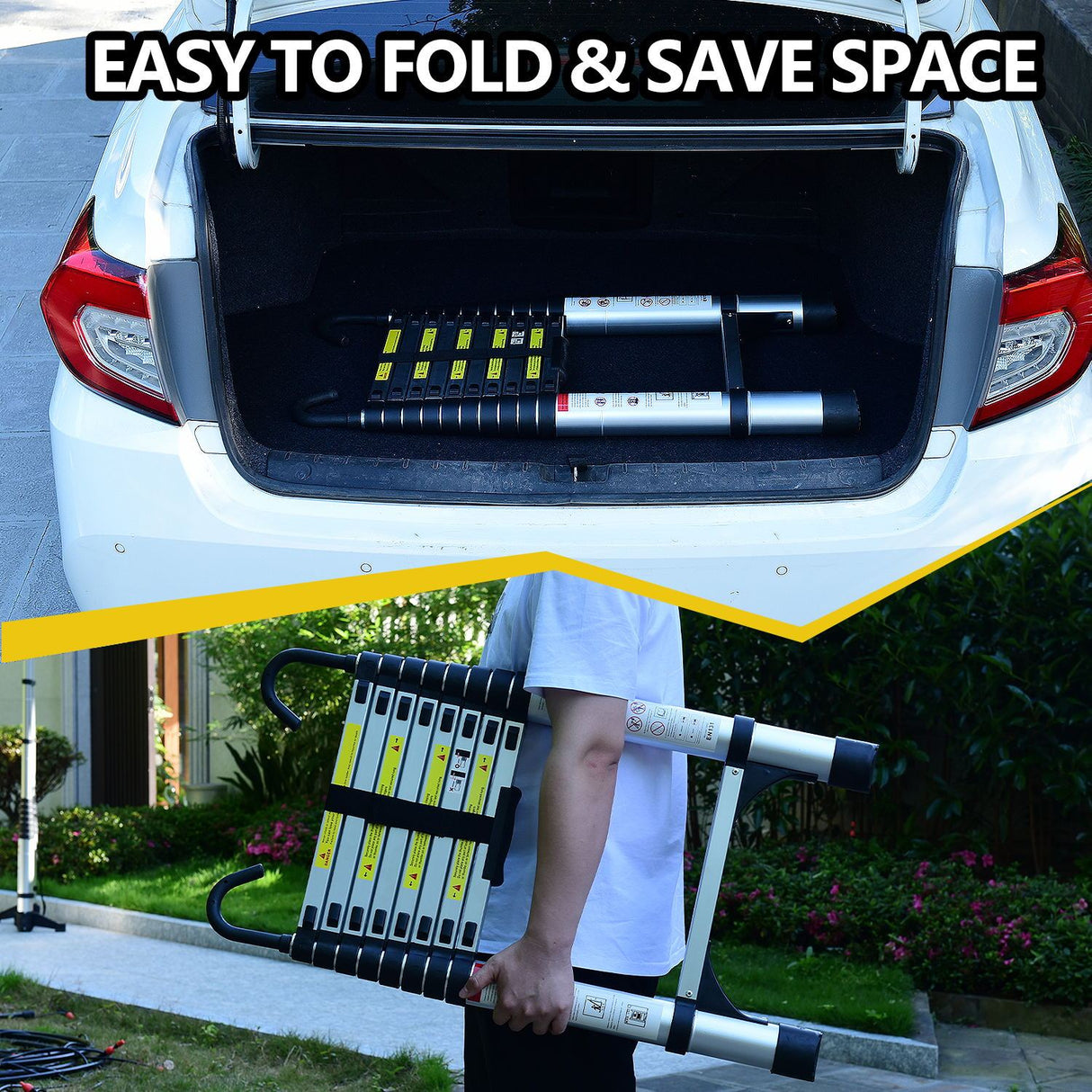 9.5 Foot Aluminum Button Telescopic Ladder with 2 Triangular Stabilizers and Hooks Multi - Purpose Max. 330 Pounds - Fab Heavy Parts