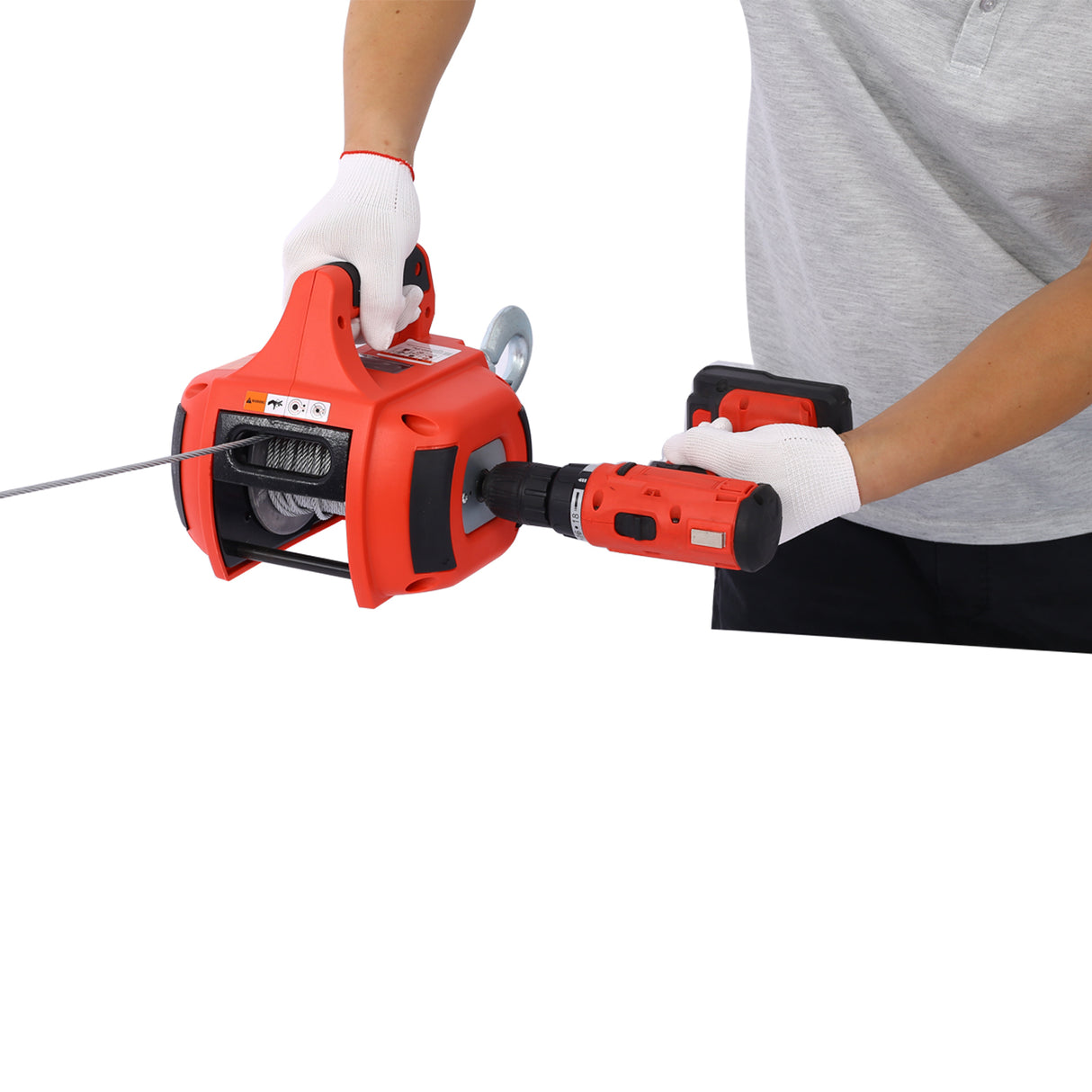 Drill Winch Hoist Portable 750 LB Capacity with 40 Feet Steel Wire--Red