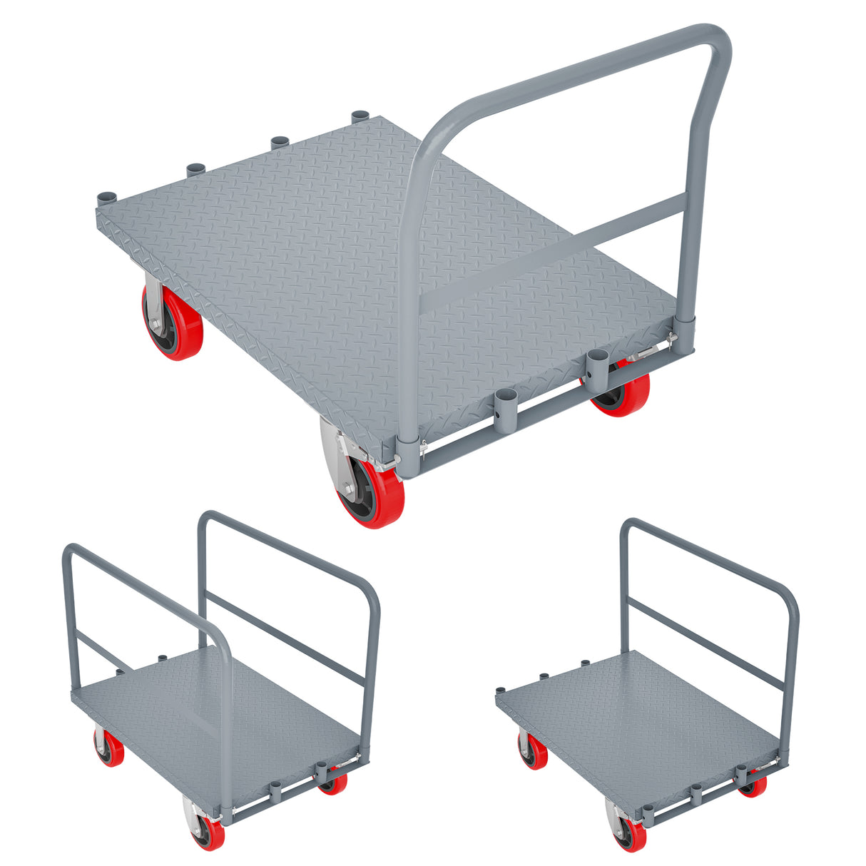 Steel Panel Truck Heavy Duty Drywall Lumber Cart Platform Flat 2000lbs 6" Swivel Brake Casters with 1 Front and 2 Side Handrails 36''x24''--Grey