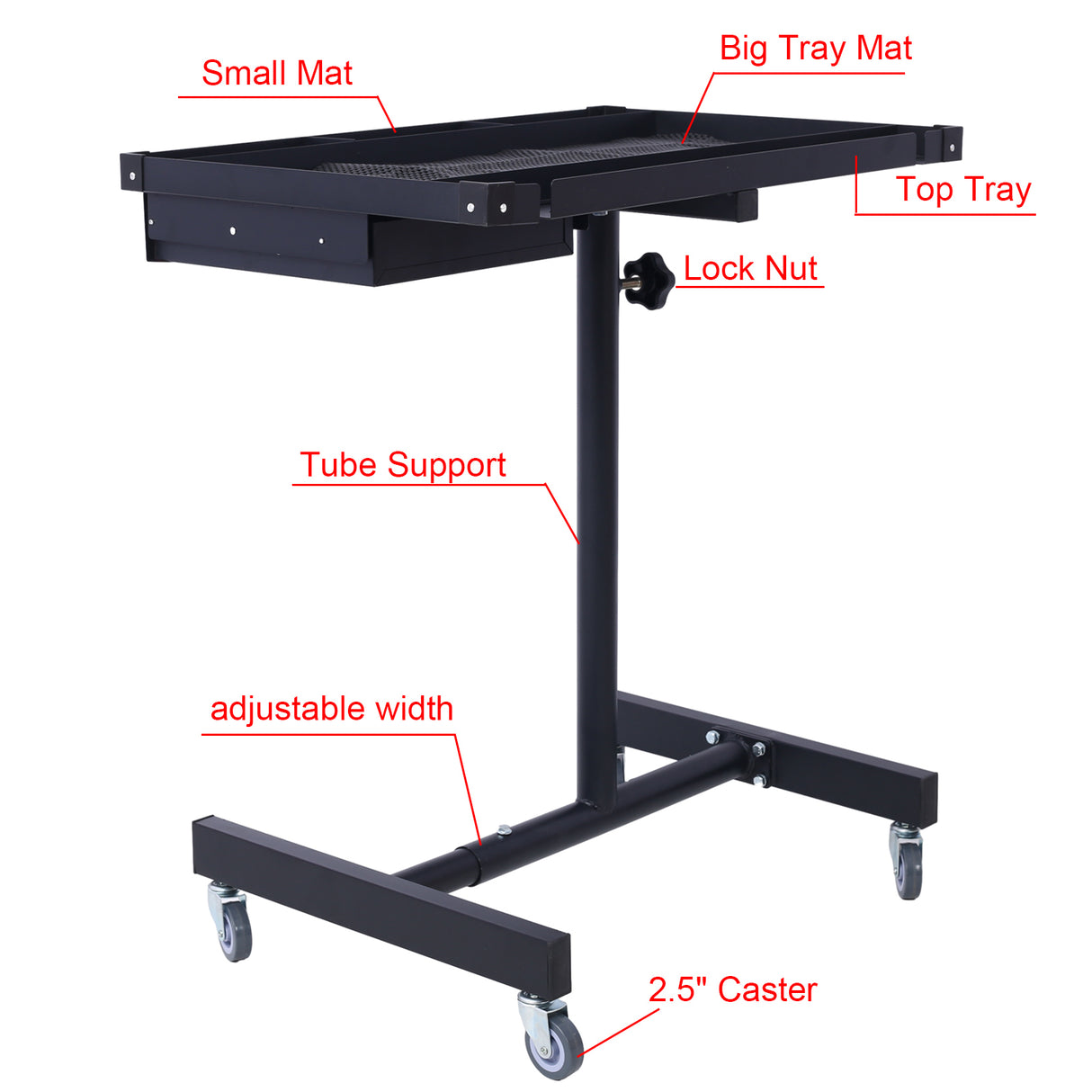 Adjustable Tear Down Work Table with Drawer (4) 2.5" Swivel Casters 220 Lbs Capacity Rubber Corners Heavy Duty Steel--Black