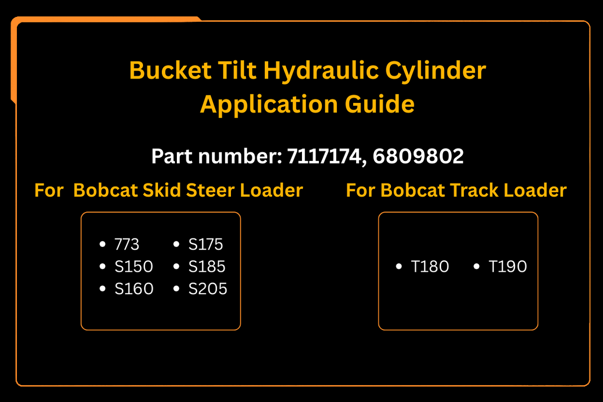 Application guide for bucket tilt hydraulic cylinder with part numbers and compatible models on a black background.