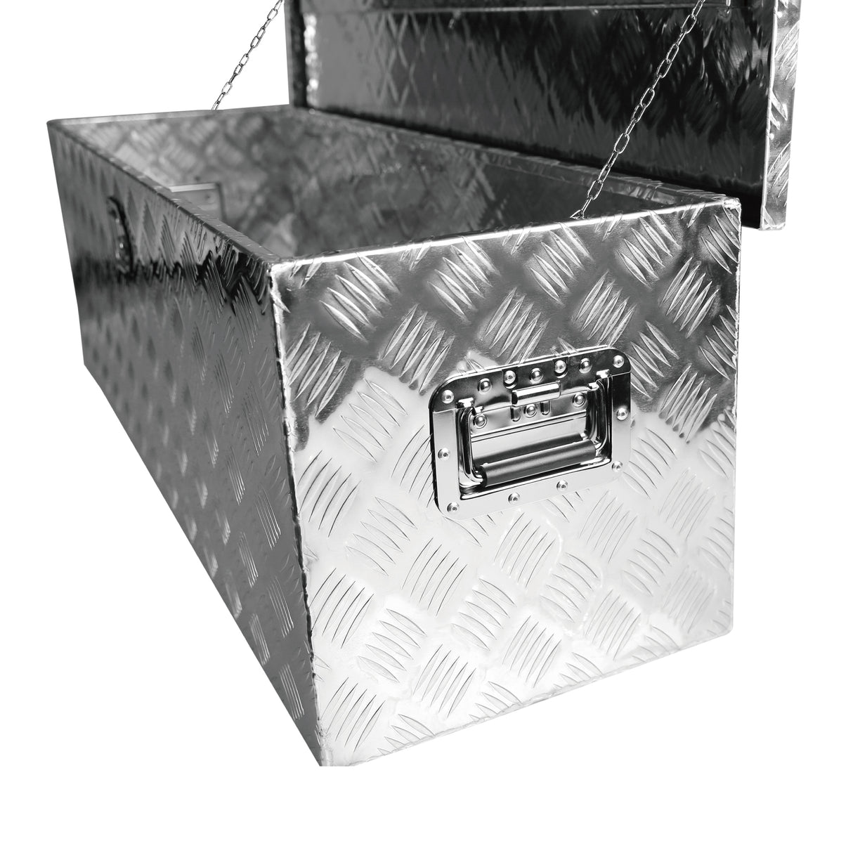 48インチトラックボックス 頑丈なシルバーアルミストライプメッキロングツールボックス 防水 ロックと鍵付き 48"×15.2"×15.2"