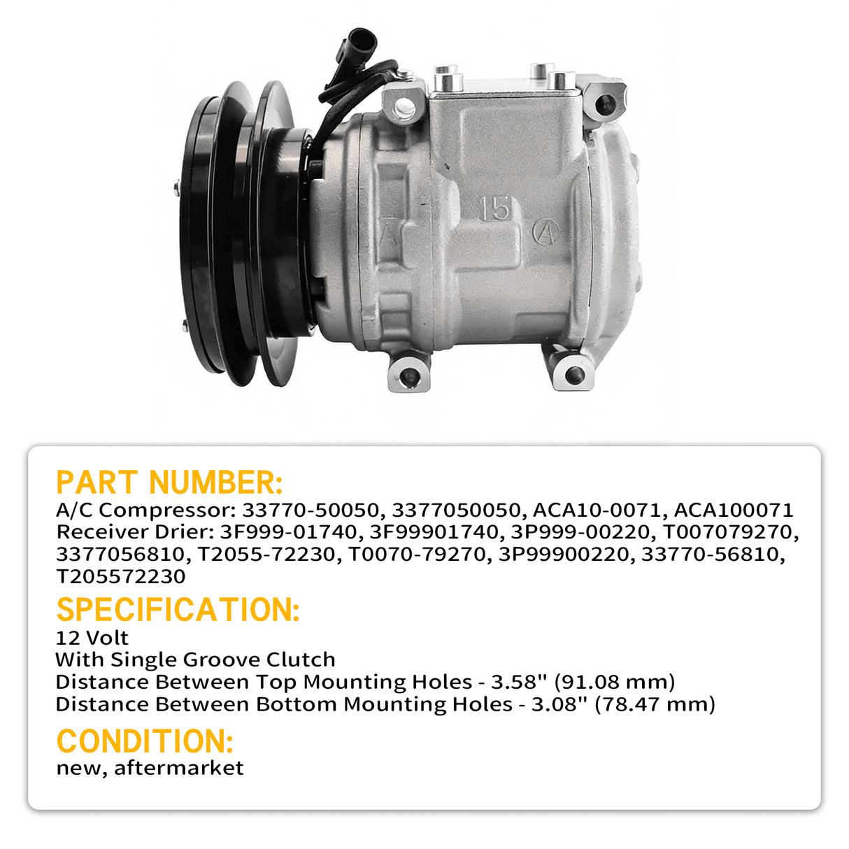 A/C Compressor 33770 - 50050 & Receiver Drier 3F999 - 01740 Fits for Kubota Tractor M110 M120 M7580 M8580 M9580 - Fab Heavy Parts