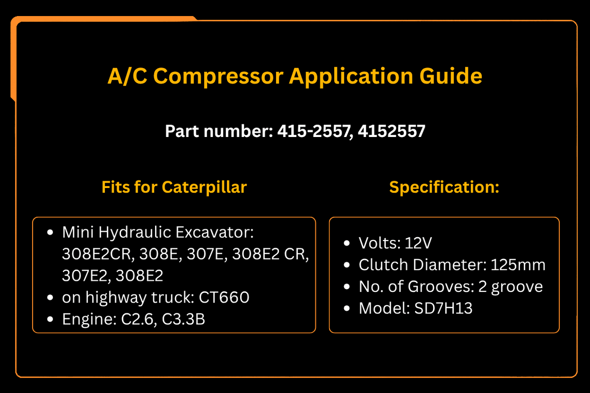 A/C Compressor 415 - 2557 4152557 Fits for Caterpillar CAT Excavator 307 307E 307E2 308E 308E2 Engine C2.6 C3.3B - Fab Heavy Parts