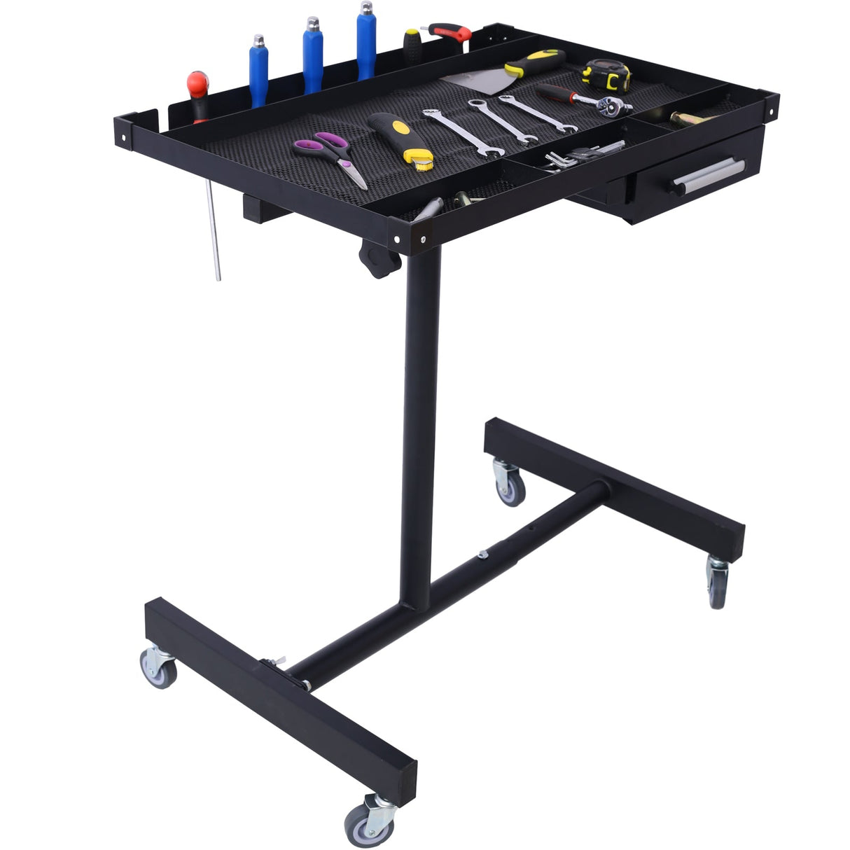 Adjustable Tear Down Work Table with Drawer (4) 2.5" Swivel Casters 220 Lbs Capacity Rubber Corners Heavy Duty Steel - Black - Fab Heavy Parts