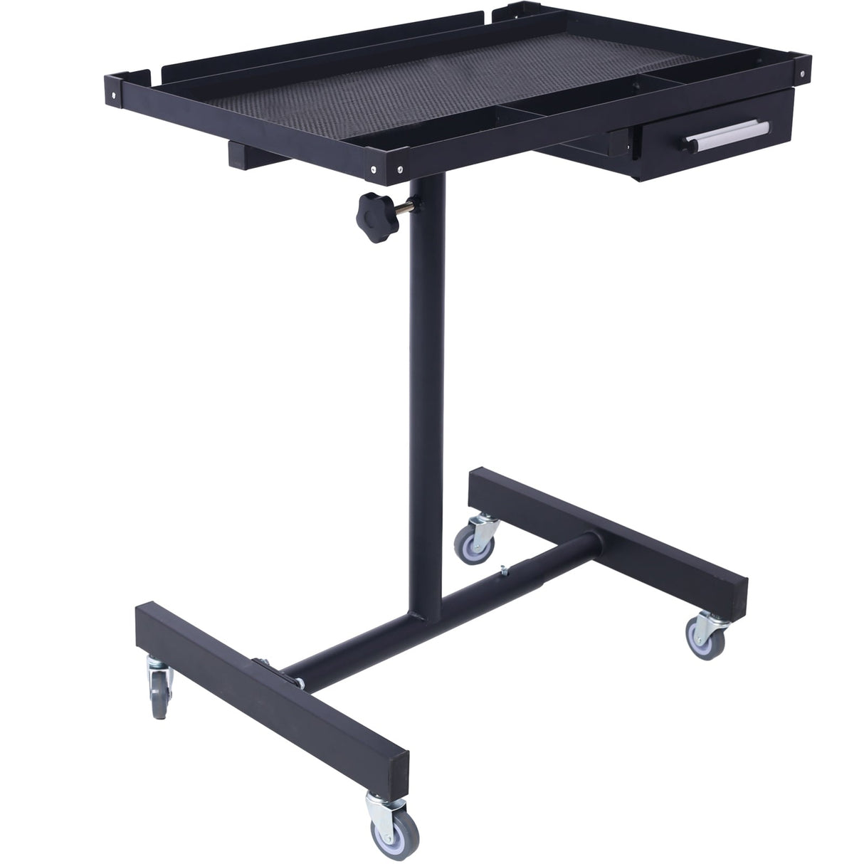 Adjustable Tear Down Work Table with Drawer (4) 2.5" Swivel Casters 220 Lbs Capacity Rubber Corners Heavy Duty Steel - Black - Fab Heavy Parts