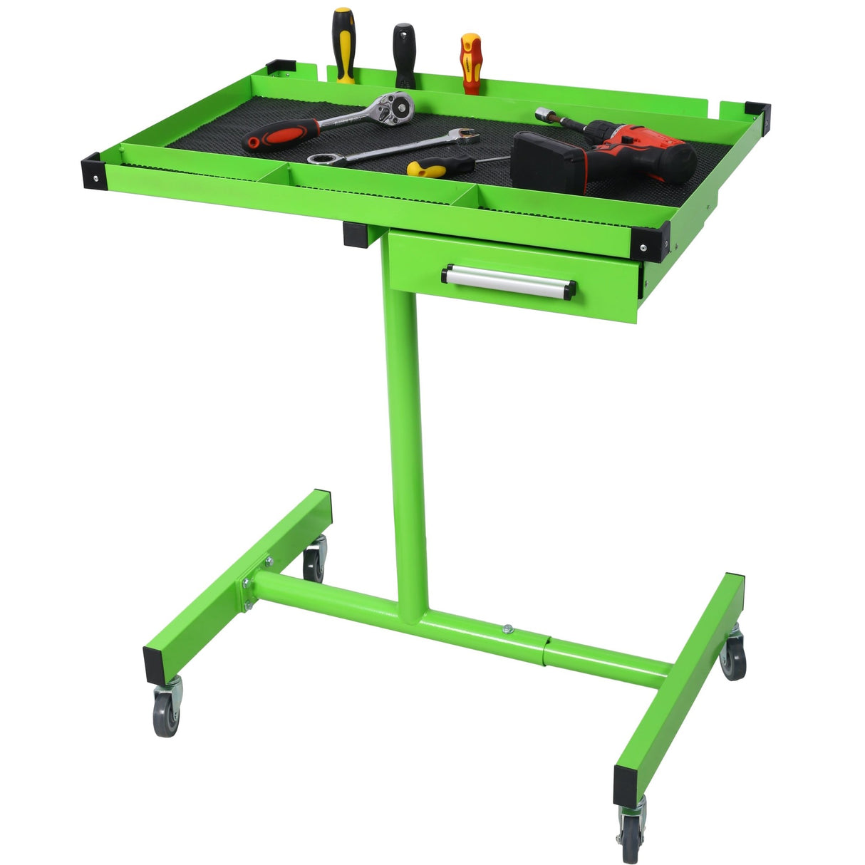 Adjustable Work Table with Drawer Portable (4) 2.5' Swivel Casters 220 Lbs Capacity Rubber Corners Heavy Duty Steel - Green - Fab Heavy Parts