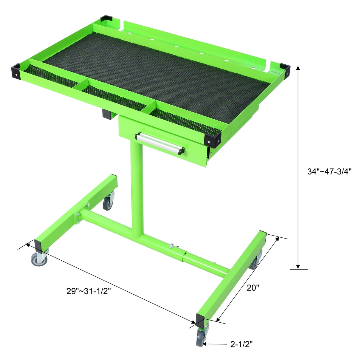 Adjustable Work Table with Drawer Portable (4) 2.5' Swivel Casters 220 Lbs Capacity Rubber Corners Heavy Duty Steel - Green - Fab Heavy Parts
