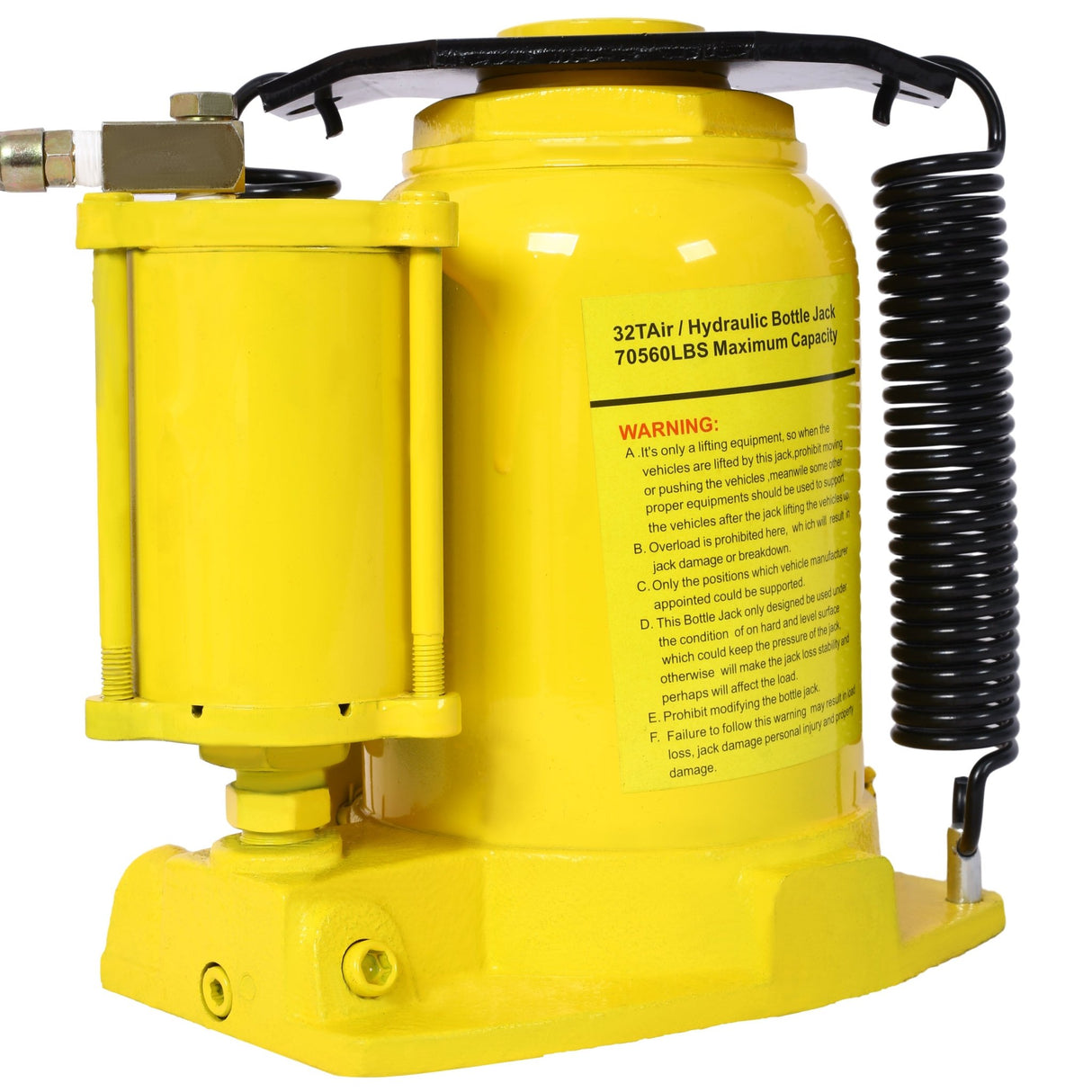 Air Hydraulic Bottle Jack 32 Ton/70550 LBS All Welded 10 - 16.3 inch Lifting Range Manual Handle and Air Pump - Yellow - Fab Heavy Parts