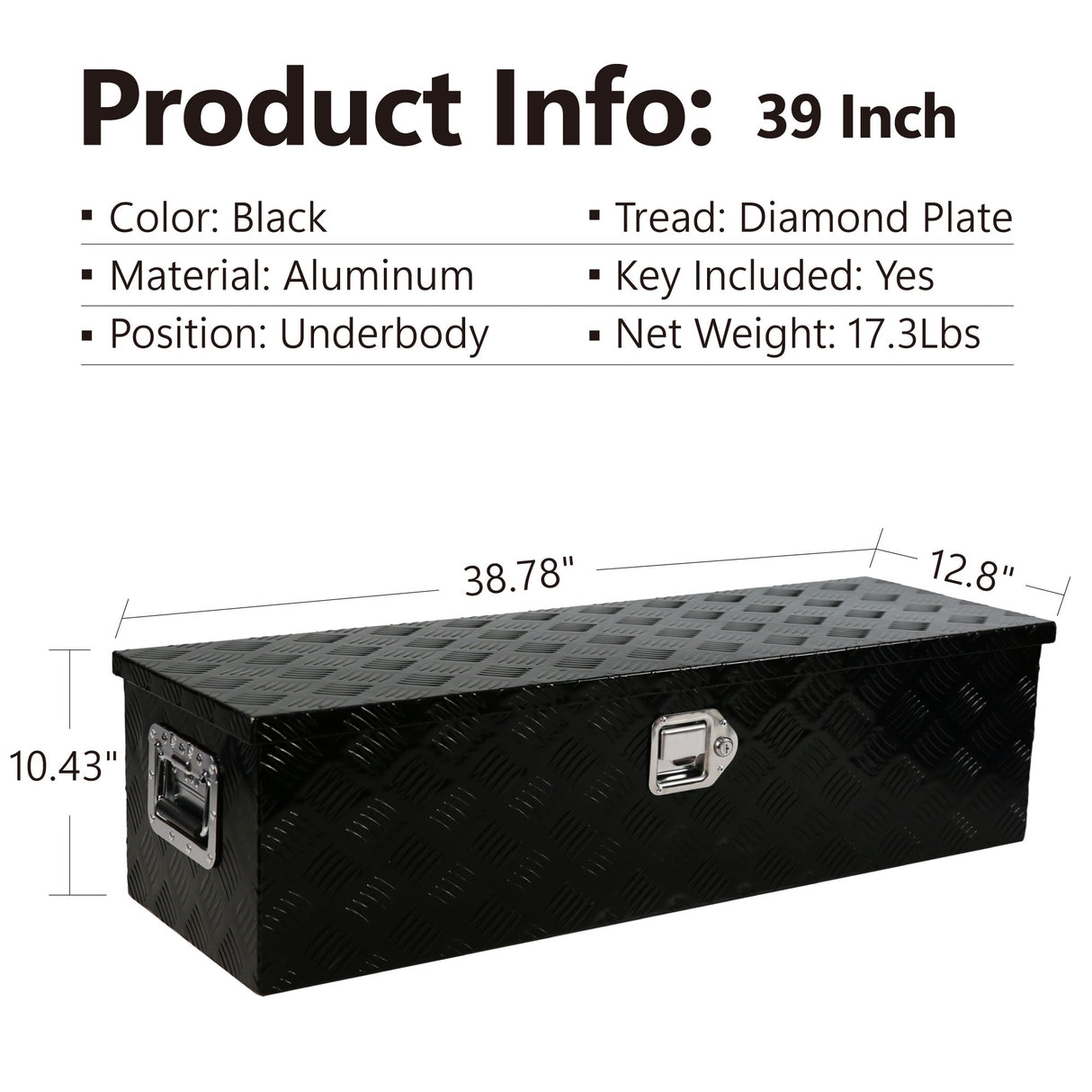 Aluminum Long Tool Box with Side Handle Lock and 2 Keys 38.8"×12.8"×10.4" - Fab Heavy Parts