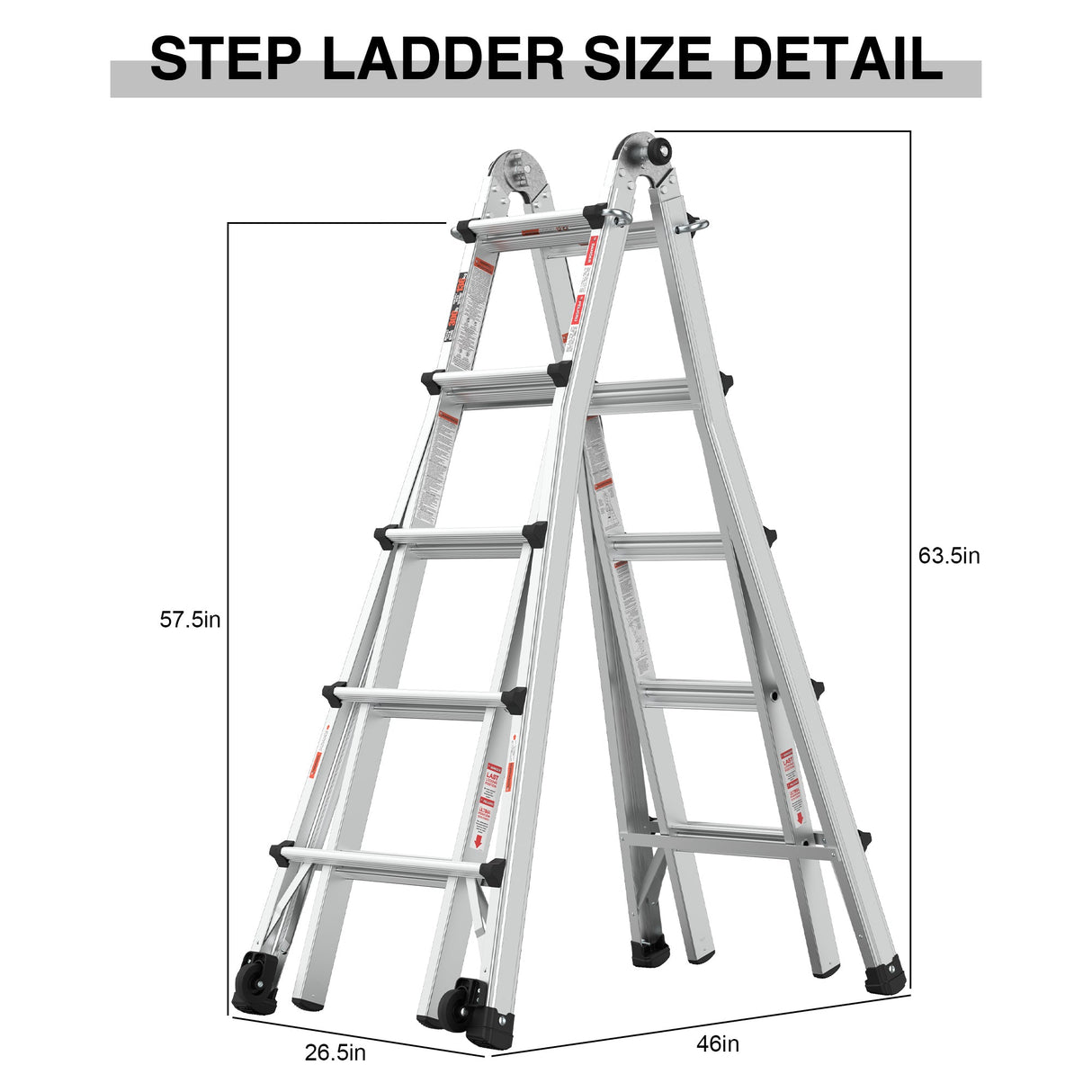 Aluminum Multi - Position Ladder with Wheels 300 lbs Weight Rating 22 FT - Metallic Grey - Fab Heavy Parts