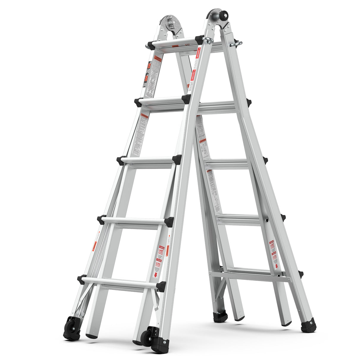 Aluminum Multi - Position Ladder with Wheels 300 lbs Weight Rating 22 FT - Metallic Grey - Fab Heavy Parts