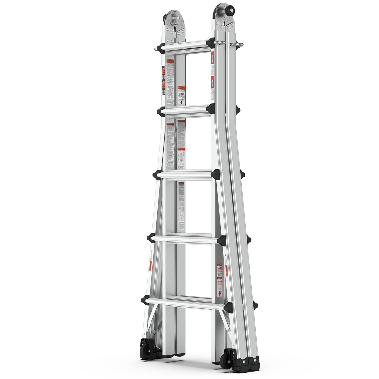 Aluminum Multi - Position Ladder with Wheels 300 lbs Weight Rating 22 FT - Metallic Grey - Fab Heavy Parts