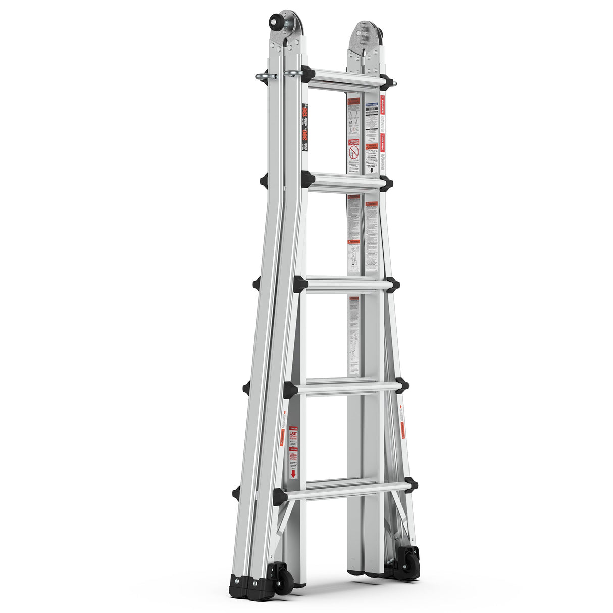 Aluminum Multi - Position Ladder with Wheels 300 lbs Weight Rating 22 FT - Metallic Grey - Fab Heavy Parts