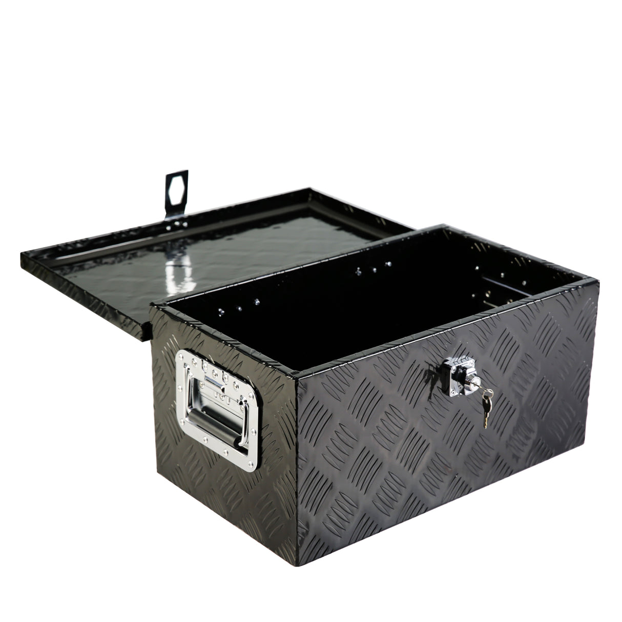 Caja de herramientas plana y larga de aluminio negro para camión de 20 pulgadas, con banda de rodadura de 5 barras, cerradura, manija lateral y llaves 20.1"×11.8"×9.3"