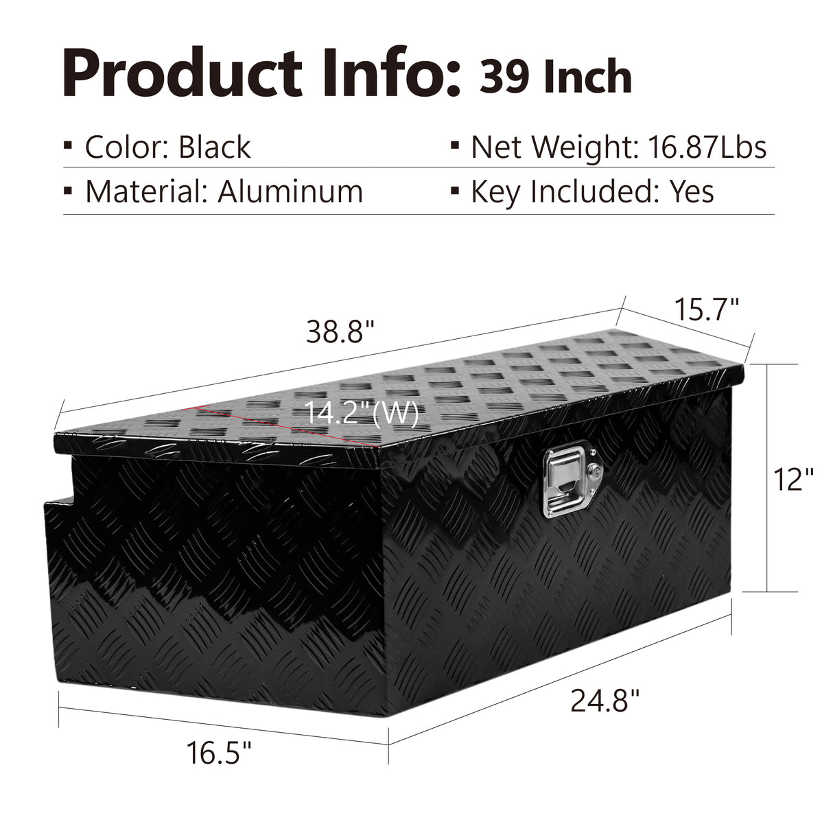 38.8"x16.5"x12" Truck Tool Box Aluminum Utility Trailer Tongue Tool Box 5 Bar Tread with Lock & Keys