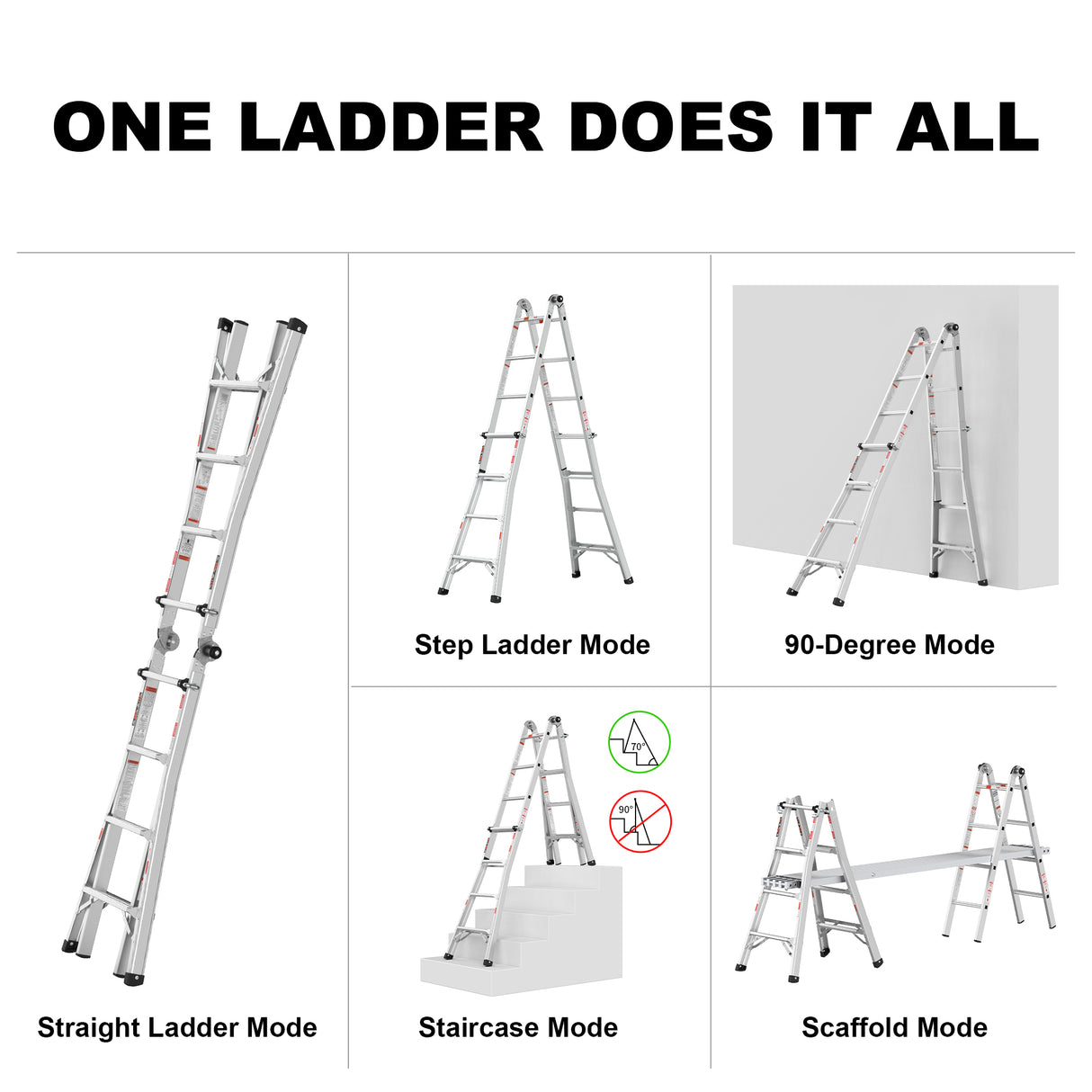 17ft Multi-Position Foldable Aluminum Ladder A-Frame and Straight Ladder ANSI 250lbs--Grey