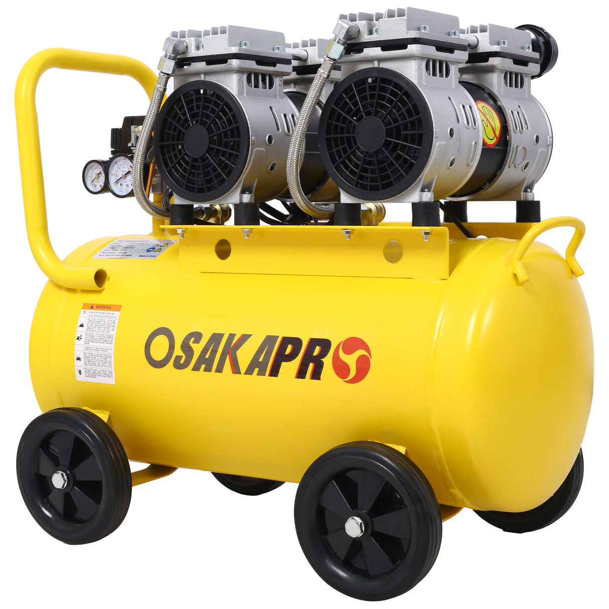 Compresor de aire silencioso de 2.5 hp 13 galones Tienda eléctrica sin aceite sin aceite Ligero con ruedas Nivel de ruido de 70 dba con válvula de drenaje automática amarillo