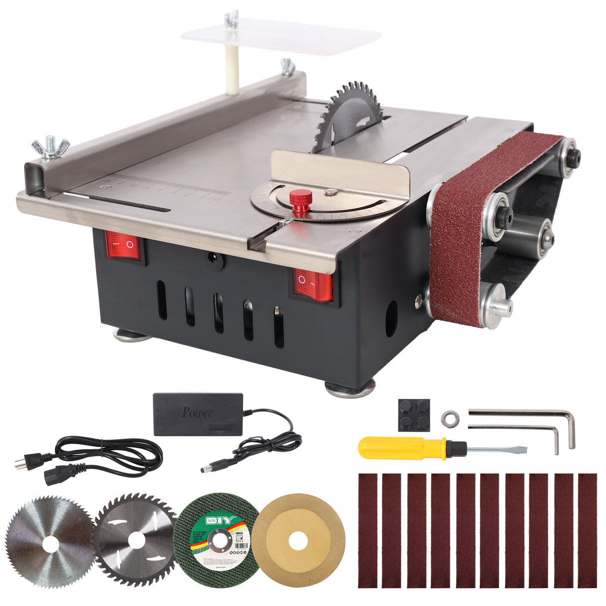Mini Table Saw Belt Sander Stainless Steel Top 4pcs Blades 10pcs Sanding Blet 7 Gear Adjustable 0-90° Angle