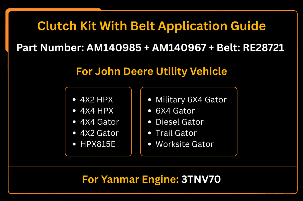 Clutch Kit With Belt AM138487 AM138486 Fits for Yanmar 3TNV70 Engine John Deere 4X2 4X4 HPX HPX815E 6X4 Trail Worksite Gator - Fab Heavy Parts