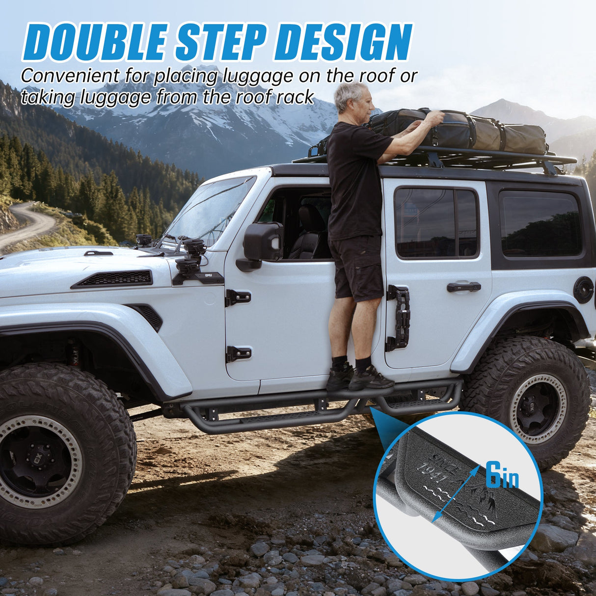 Coated Black Carbon 6 - Inch 2 - Stairs Side Step Rails Step Bars Steel Nerf Bars Running Boards Compatible with Jeep Wrangler JL 4 Doors 2018 - 2025 - Fab Heavy Parts