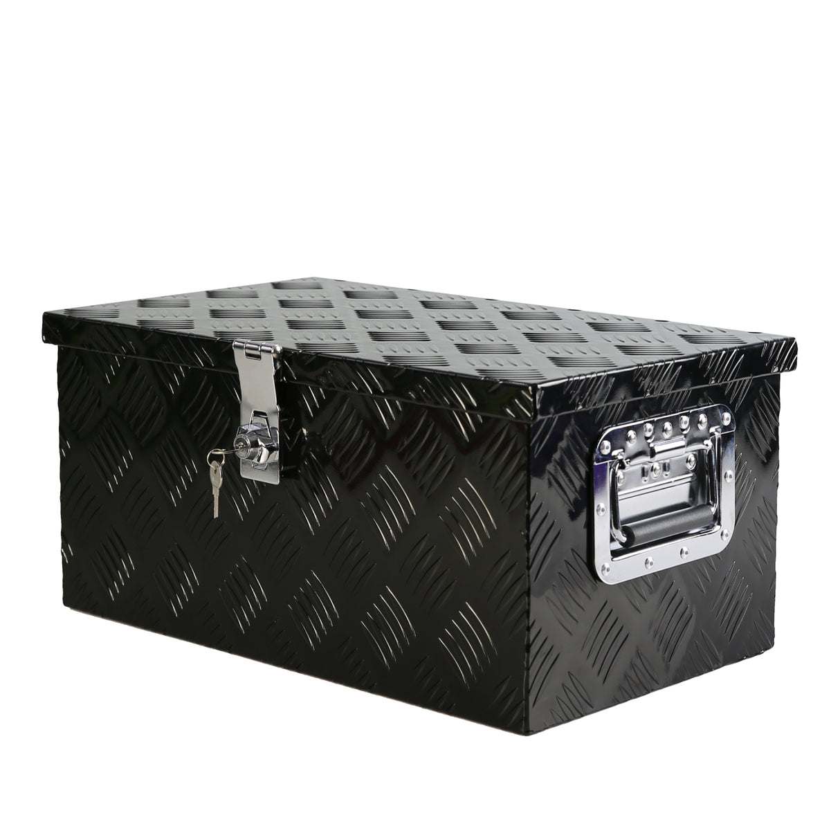 Caja de herramientas plana y larga de aluminio negro para camión de 20 pulgadas, con banda de rodadura de 5 barras, cerradura, manija lateral y llaves 20.1"×11.8"×9.3"