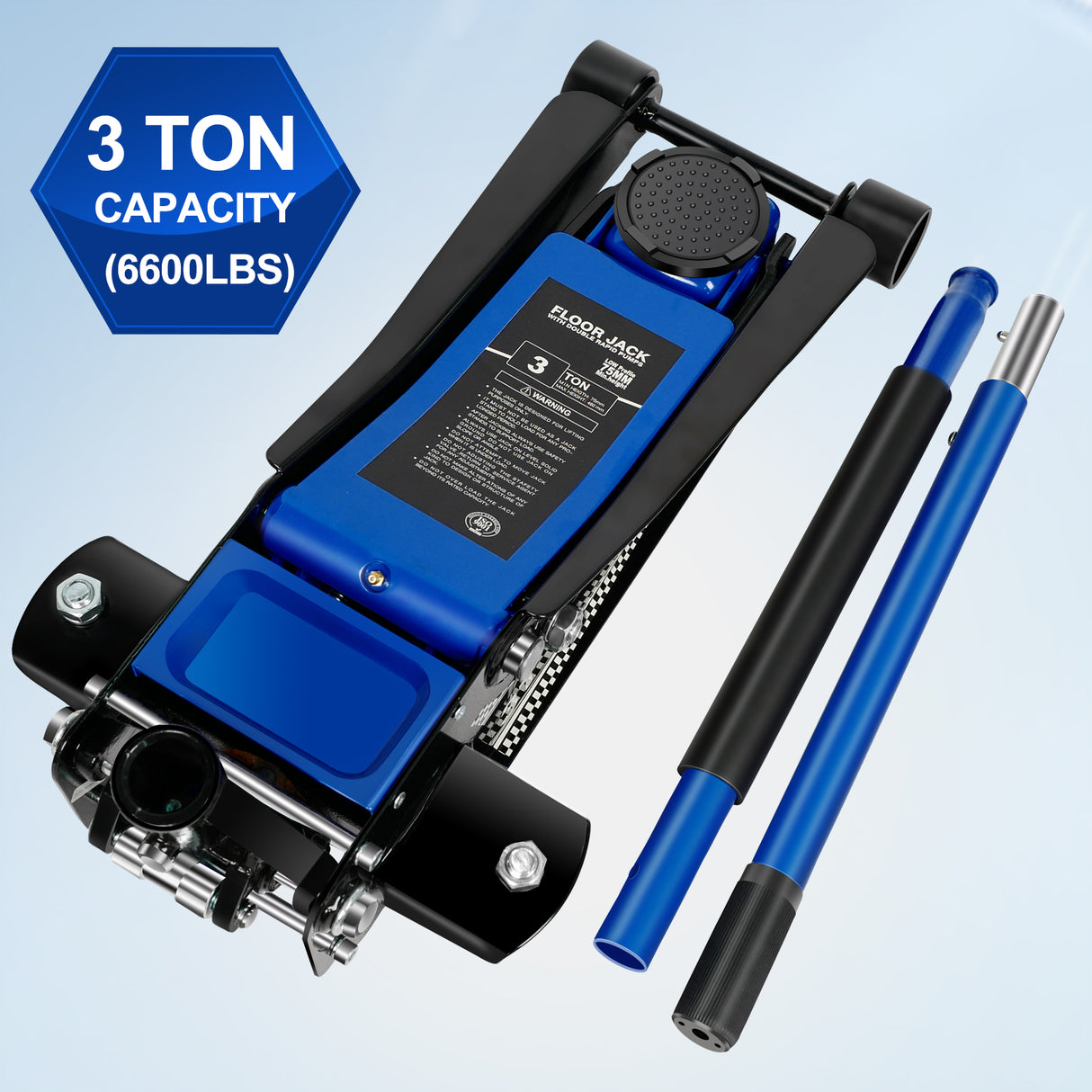 3 Ton 6600lbs Low Profile Floor Jack Dual Piston Quick Lift Pump Lifting Range 75mm/2.95"-460mm/18.11"--Blue