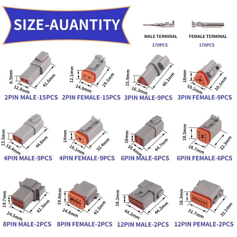 Kit de conector DT de 750 piezas DT DT04/06-2P/2S/3P/3S/4P/4S/6P/6S/08PA/08SA/12PA/12PS para 14 16 18 18 20 AWG Kit de contactos estampados