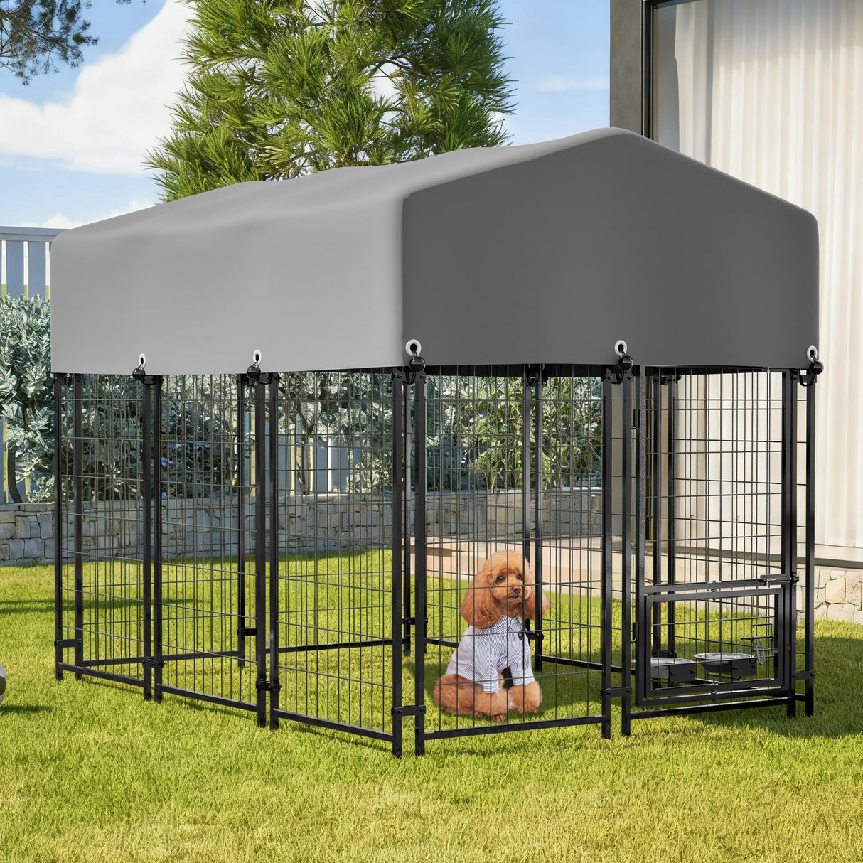 Dog Kennel Outdoor with Roof 4.23'x5.82'x4.83' Welded Wire Enclosure Heavy Duty Dog Crate with UV - Resistant Waterproof Cover Double Lock & Rotating Feeder - Fab Heavy Parts