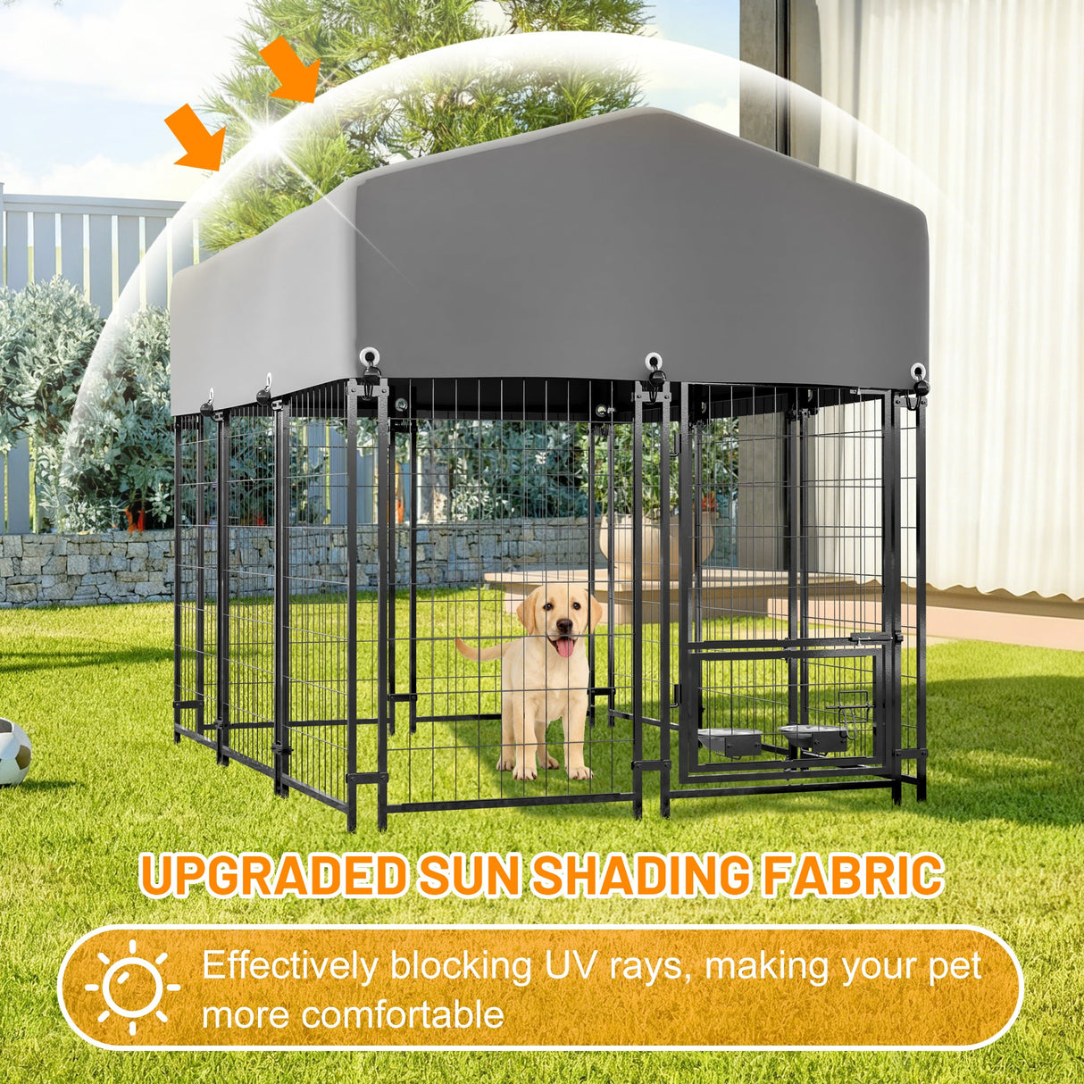 Dog Kennel Outdoor with Roof 4.23'x5.82'x4.83' Welded Wire Enclosure Heavy Duty Dog Crate with UV - Resistant Waterproof Cover Double Lock & Rotating Feeder - Fab Heavy Parts