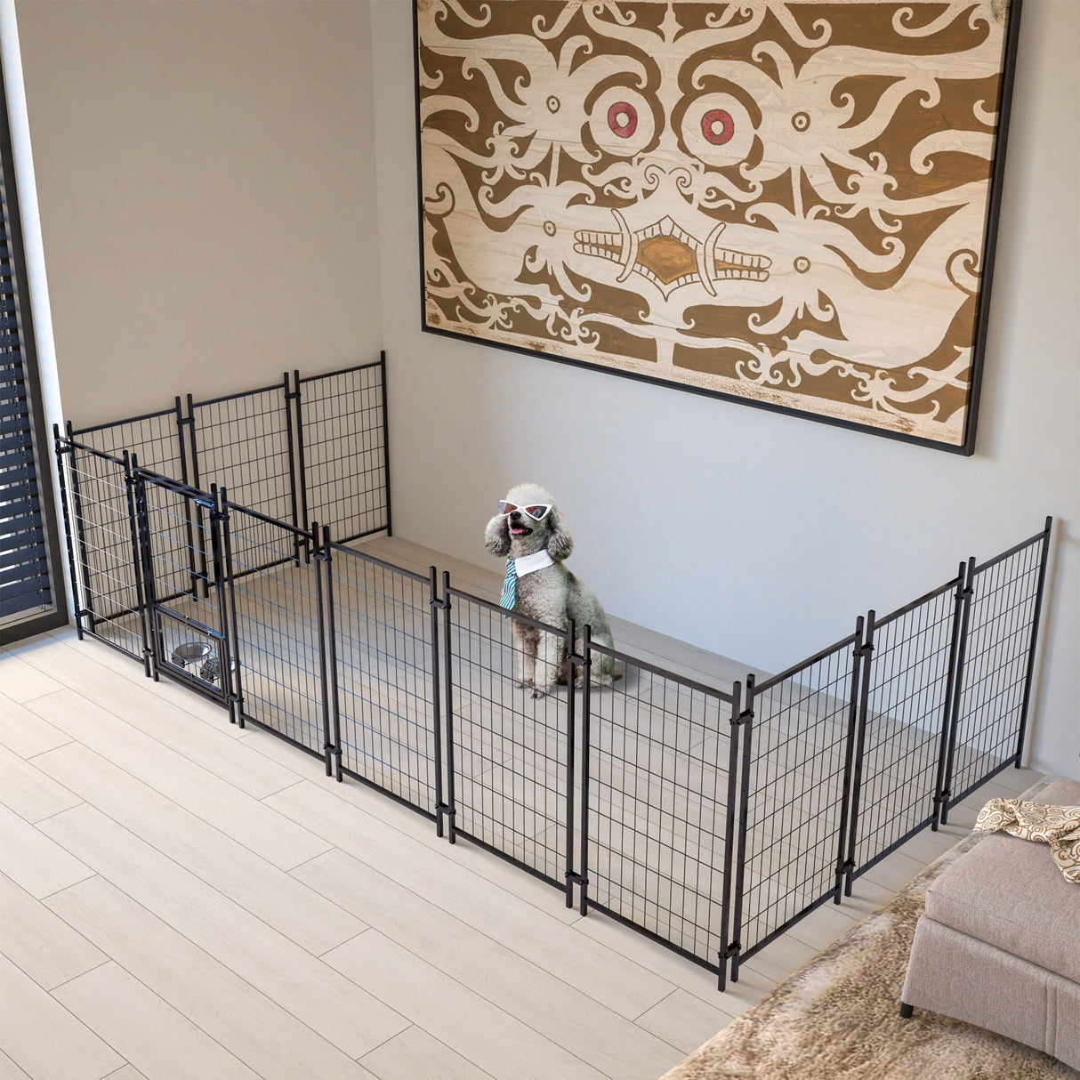 Dog Kennel Outdoor with Roof 4.23'x5.82'x4.83' Welded Wire Enclosure Heavy Duty Dog Crate with UV - Resistant Waterproof Cover Double Lock & Rotating Feeder - Fab Heavy Parts