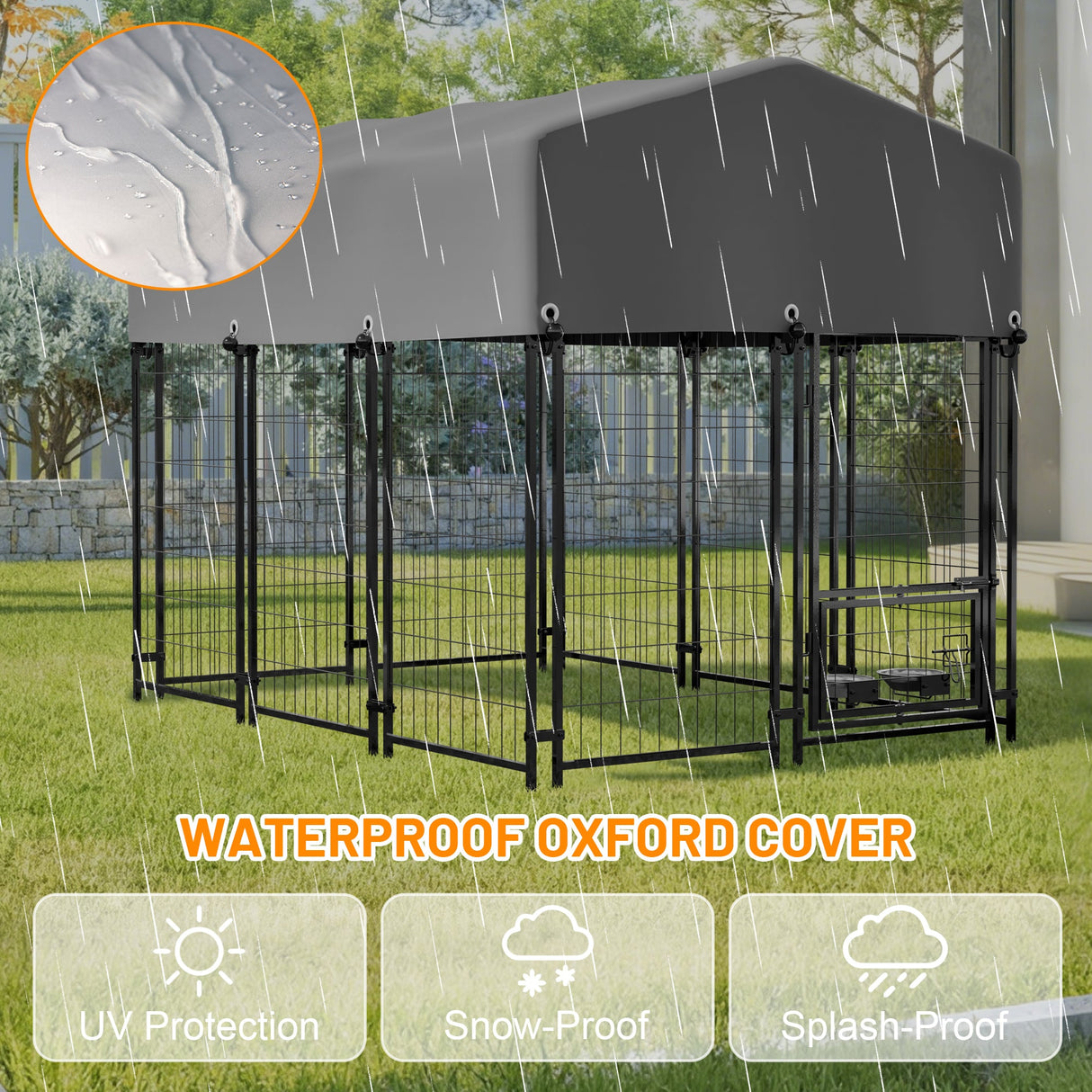 Dog Kennel Outdoor with Roof 4.23'x5.82'x4.83' Welded Wire Enclosure Heavy Duty Dog Crate with UV - Resistant Waterproof Cover Double Lock & Rotating Feeder - Fab Heavy Parts