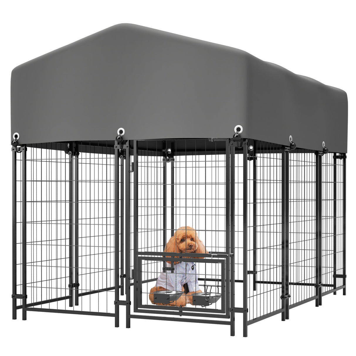 Dog Kennel Outdoor with Roof 4.23'x5.82'x4.83' Welded Wire Enclosure Heavy Duty Dog Crate with UV - Resistant Waterproof Cover Double Lock & Rotating Feeder - Fab Heavy Parts