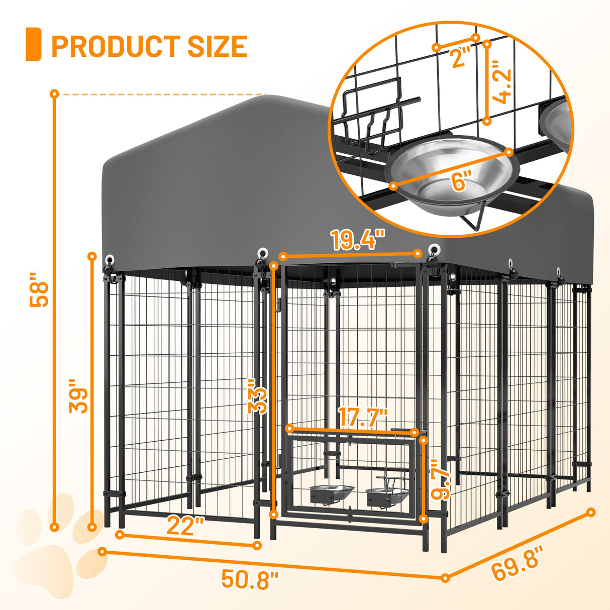 Dog Kennel Outdoor with Roof 4.23'x5.82'x4.83' Welded Wire Enclosure Heavy Duty Dog Crate with UV - Resistant Waterproof Cover Double Lock & Rotating Feeder - Fab Heavy Parts