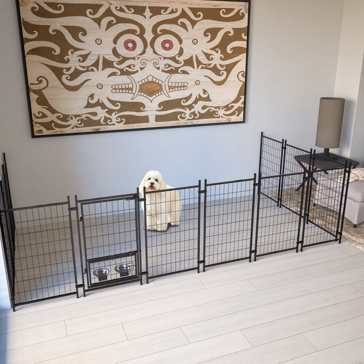 Dog Kennel Outdoor with Roof 4.23'x7.81'x4.83' Welded Wire Enclosure Heavy Duty Dog Crate with UV - Resistant Waterproof Cover Double Lock & Rotating Feeder for Medium/Large Dogs - Fab Heavy Parts