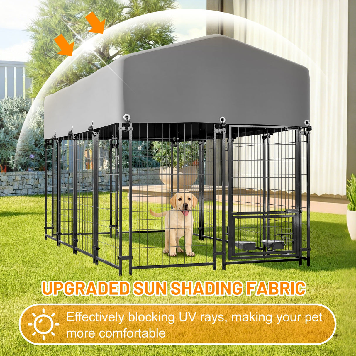 Dog Kennel Outdoor with Roof 4.23'x7.81'x4.83' Welded Wire Enclosure Heavy Duty Dog Crate with UV - Resistant Waterproof Cover Double Lock & Rotating Feeder for Medium/Large Dogs - Fab Heavy Parts