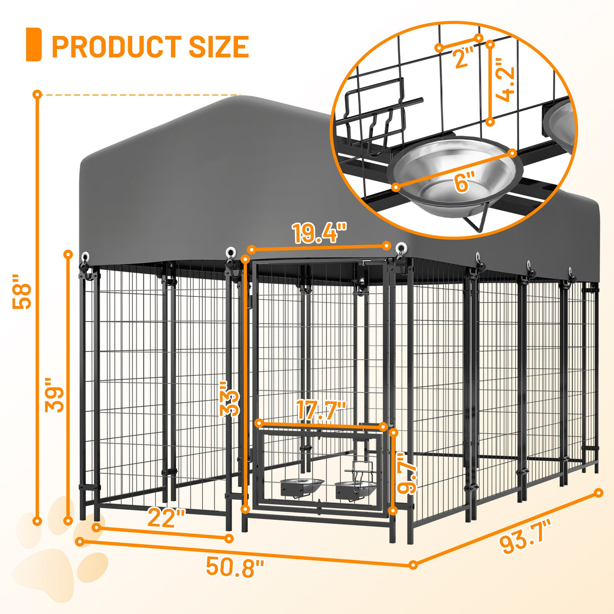 Dog Kennel Outdoor with Roof 4.23'x7.81'x4.83' Welded Wire Enclosure Heavy Duty Dog Crate with UV - Resistant Waterproof Cover Double Lock & Rotating Feeder for Medium/Large Dogs - Fab Heavy Parts