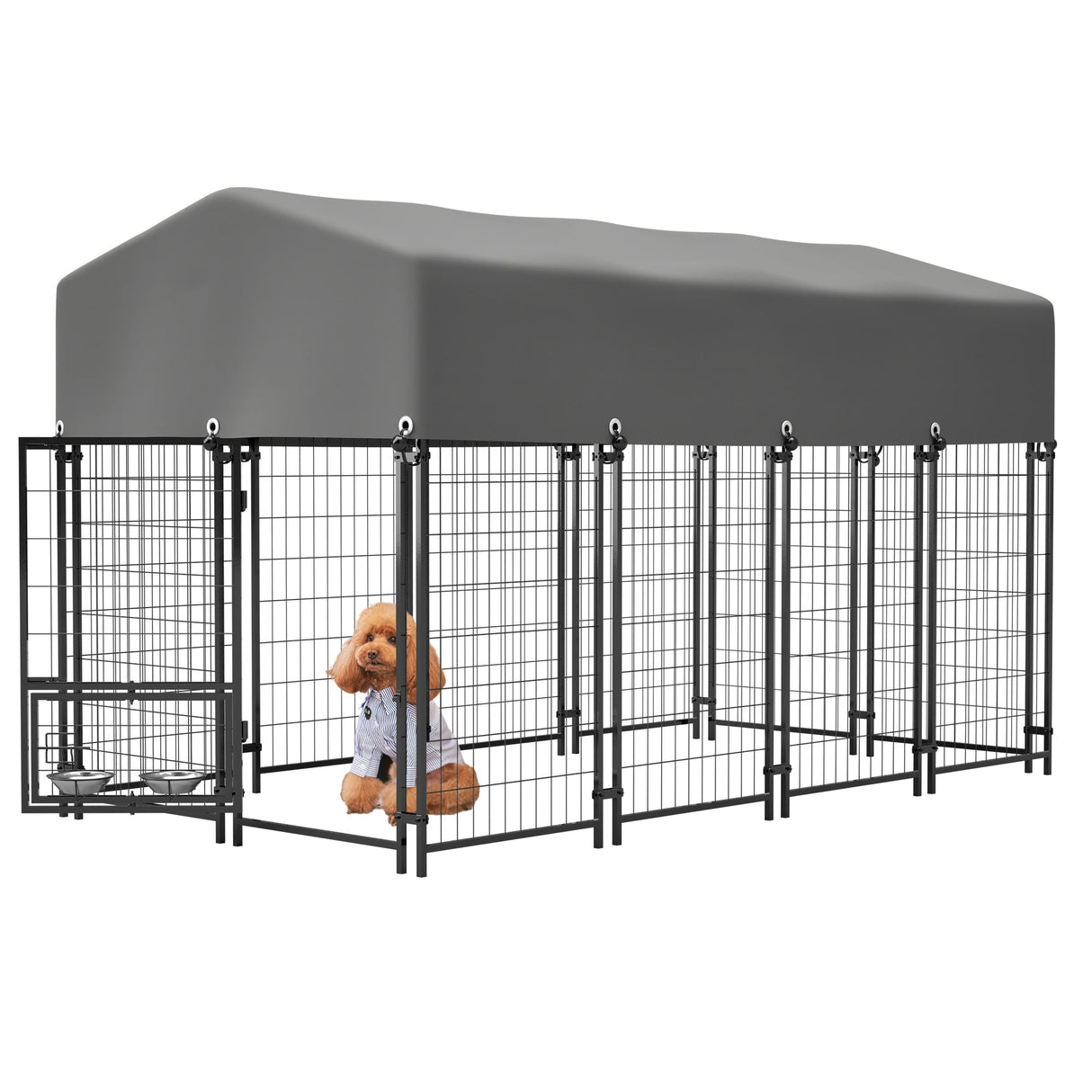 Dog Kennel Outdoor with Roof 4.23'x7.81'x4.83' Welded Wire Enclosure Heavy Duty Dog Crate with UV - Resistant Waterproof Cover Double Lock & Rotating Feeder for Medium/Large Dogs - Fab Heavy Parts