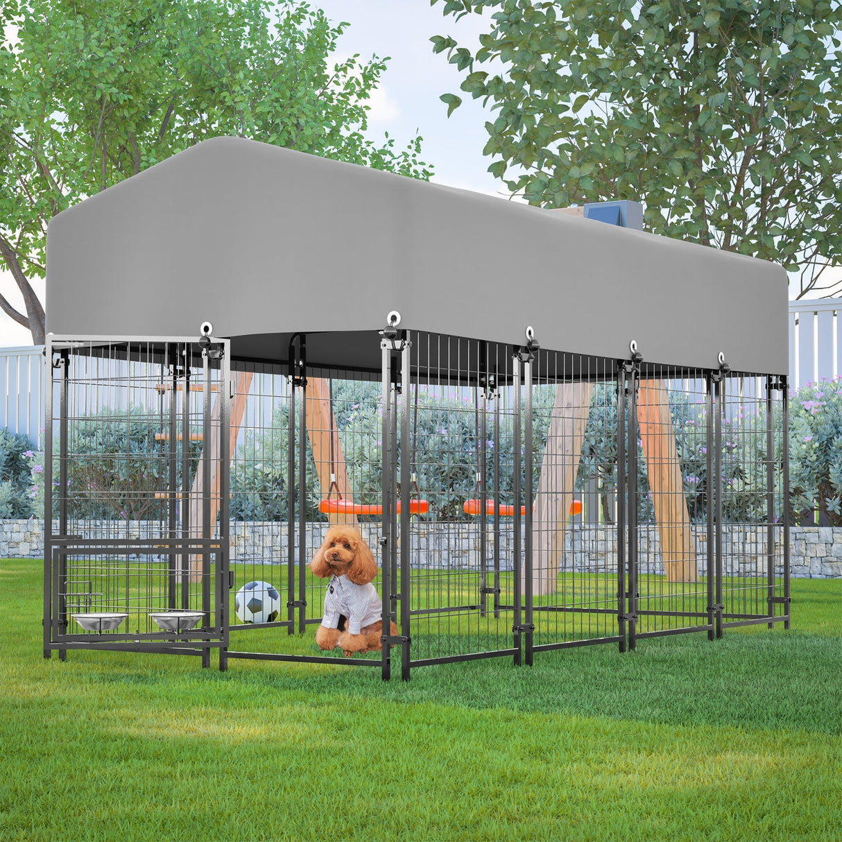 Dog Kennel Outdoor with Roof 4.23'x7.81'x4.83' Welded Wire Enclosure Heavy Duty Dog Crate with UV - Resistant Waterproof Cover Double Lock & Rotating Feeder for Medium/Large Dogs - Fab Heavy Parts