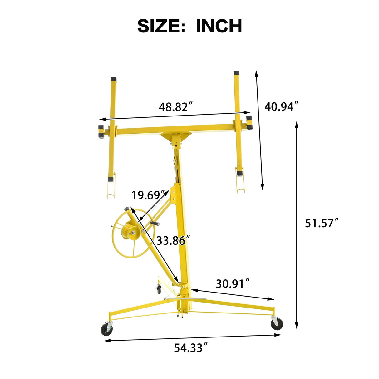 Drywall Lift 11 FT Drywall Panel Hoist Construction Rolling Caster Wheel Lockable Tool Jack Lifter Jack Drywall Lift Construction Tools - Yellow - Fab Heavy Parts